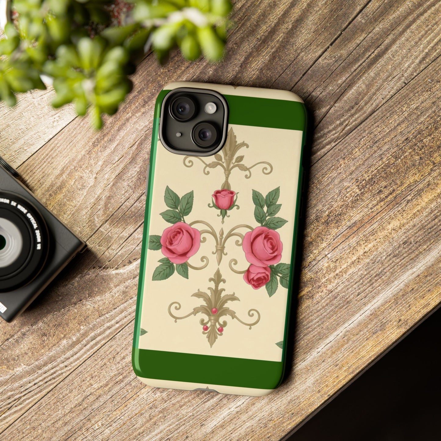 Elegant Floral Motif Phone Case - Tough Cases with Vintage Design - Green Border Roses & Damask