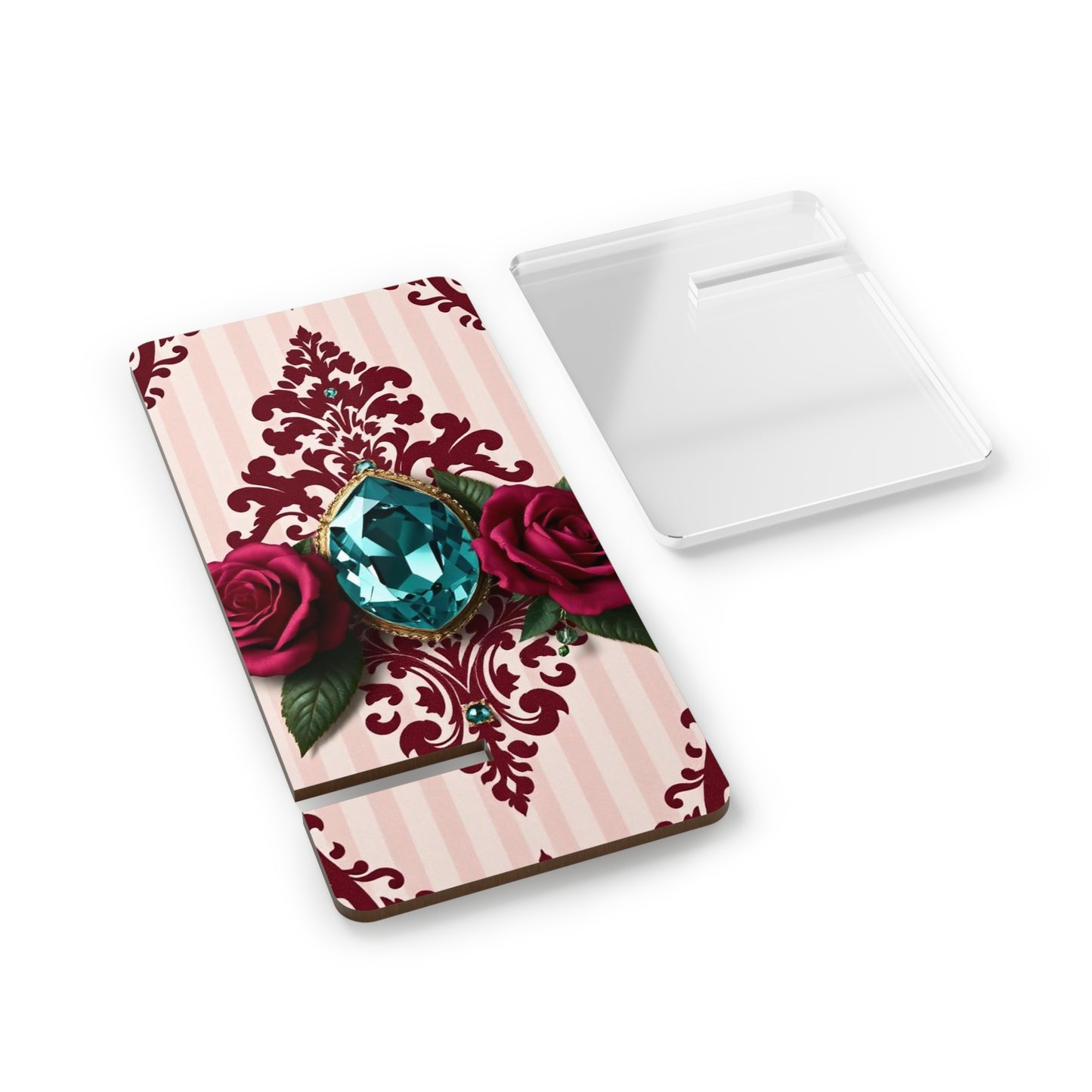 Elegant Floral Smartphone Display Stand - Striped Pink & Burgundy Damask - Decorative Mobile Holder