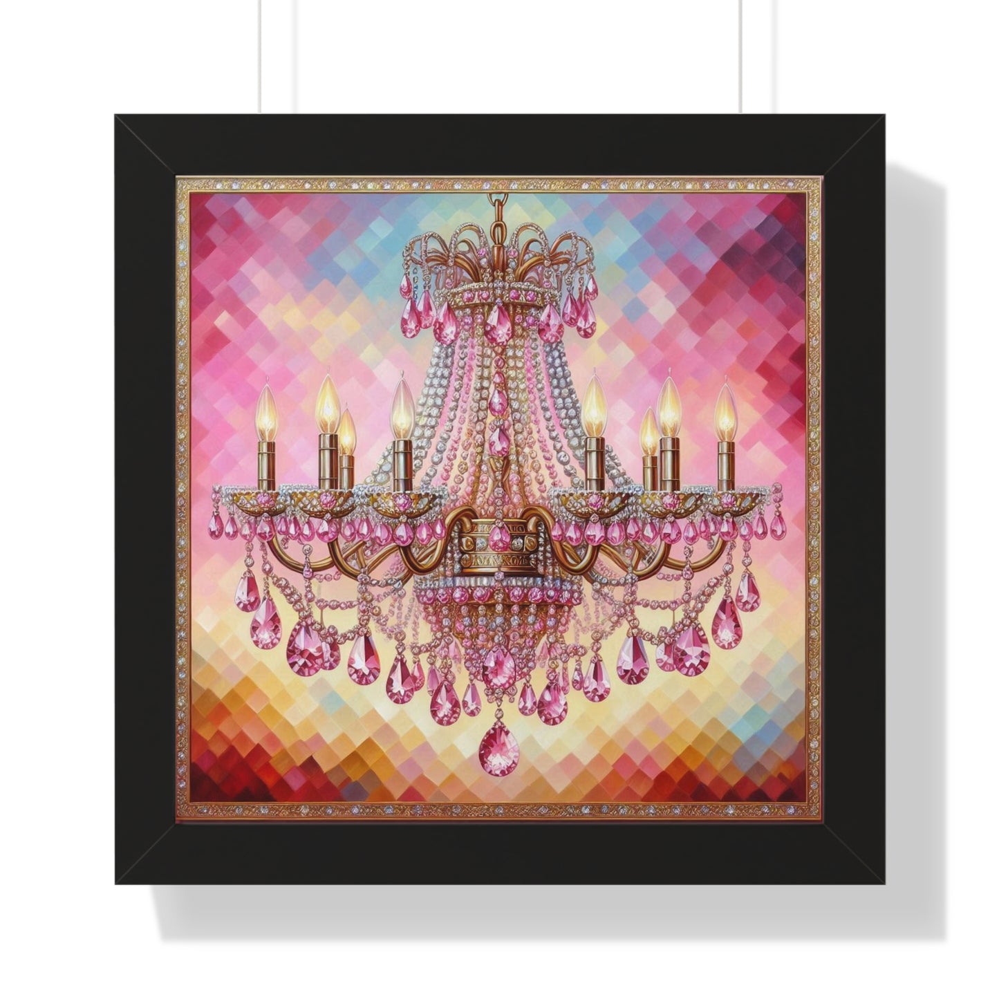 Elegant Chandelier Framed Poster, Glam Home Decor, Wall Art, Bridal Shower Gift, Living Room Decoration, Luxury Wall Art - Pink Jeweled Chandelier
