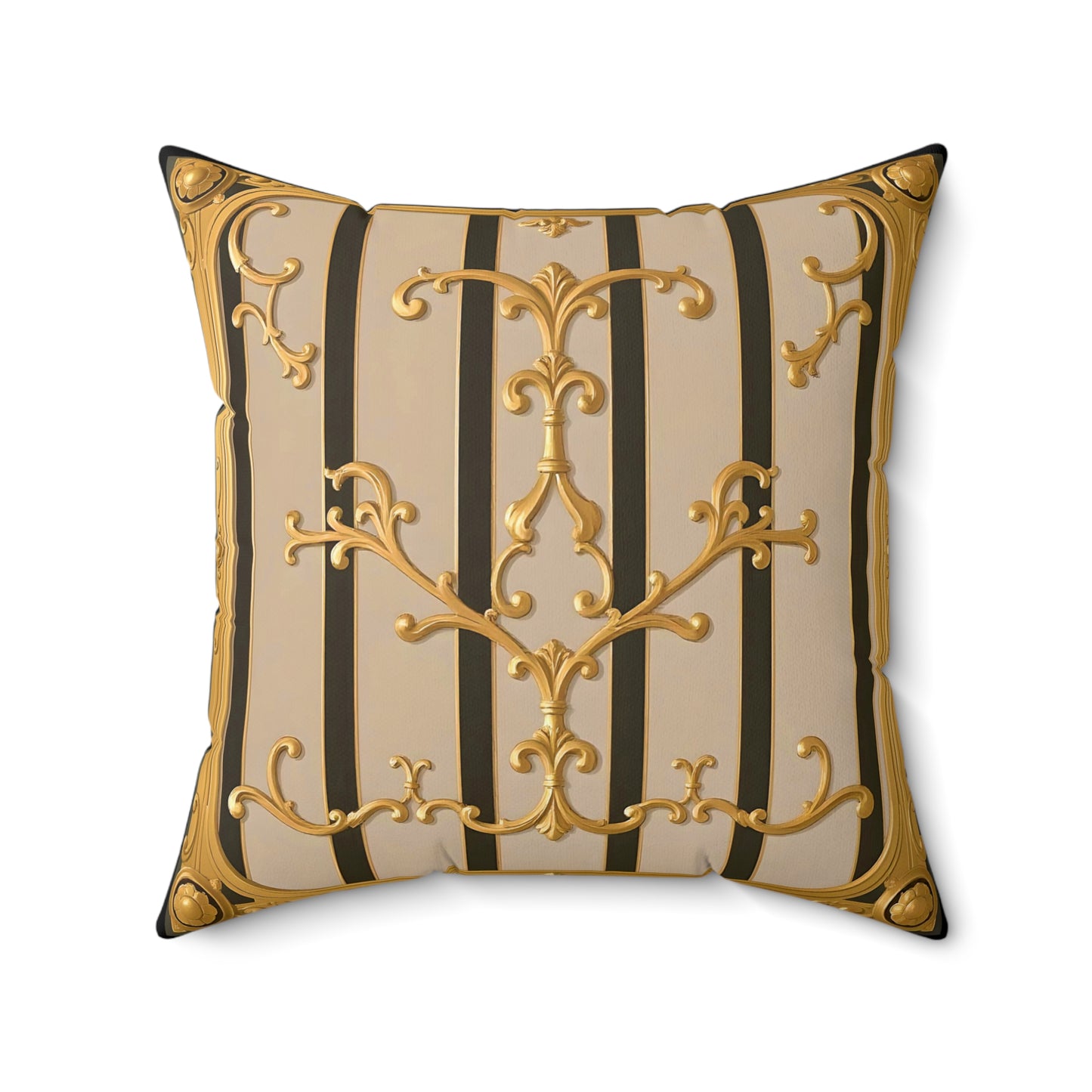 Elegant Neoclassical Square Pillow | Gold Accents, Home Decor, Gift for Him/Her, Luxury Cushion, Living Room Accent - Beige Striped Gold Rococo