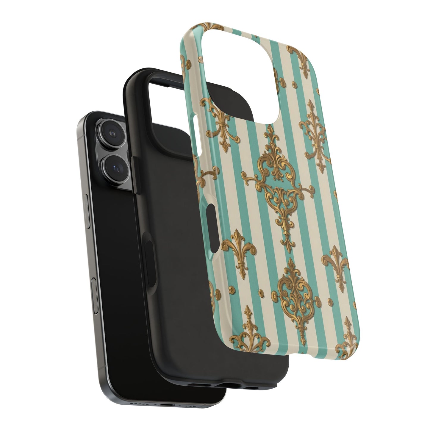 Elegant Striped Phone Case with Vintage Design, Tough Phone Cover, Stylish Smartphone Case - Matte Green Striped Rococo