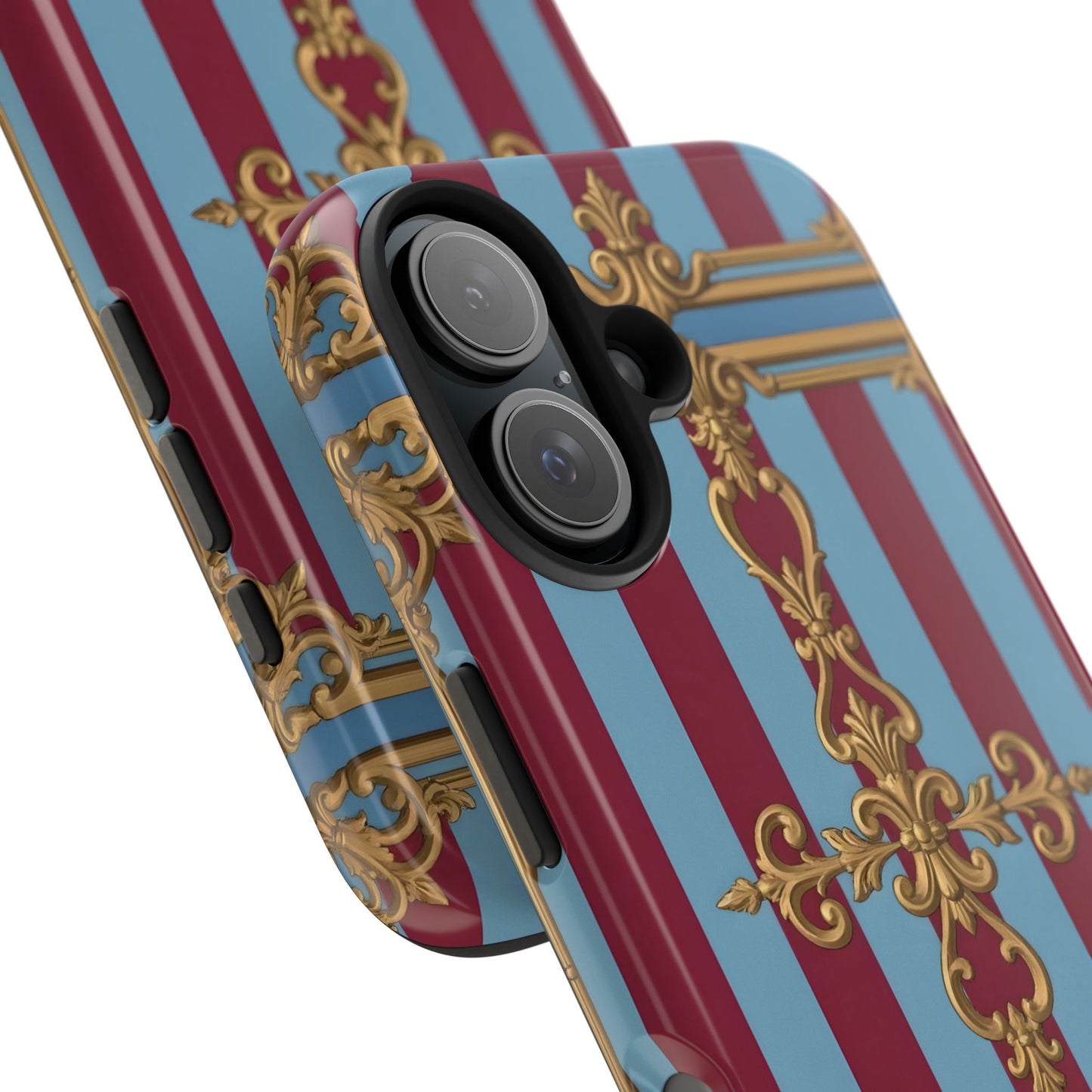 Elegant Patterned Tough Phone Cases, Stylish Phone Cover, Durable Phone Protection, Unique Gift Idea - Sky Blue & Maroon Striped Baroque