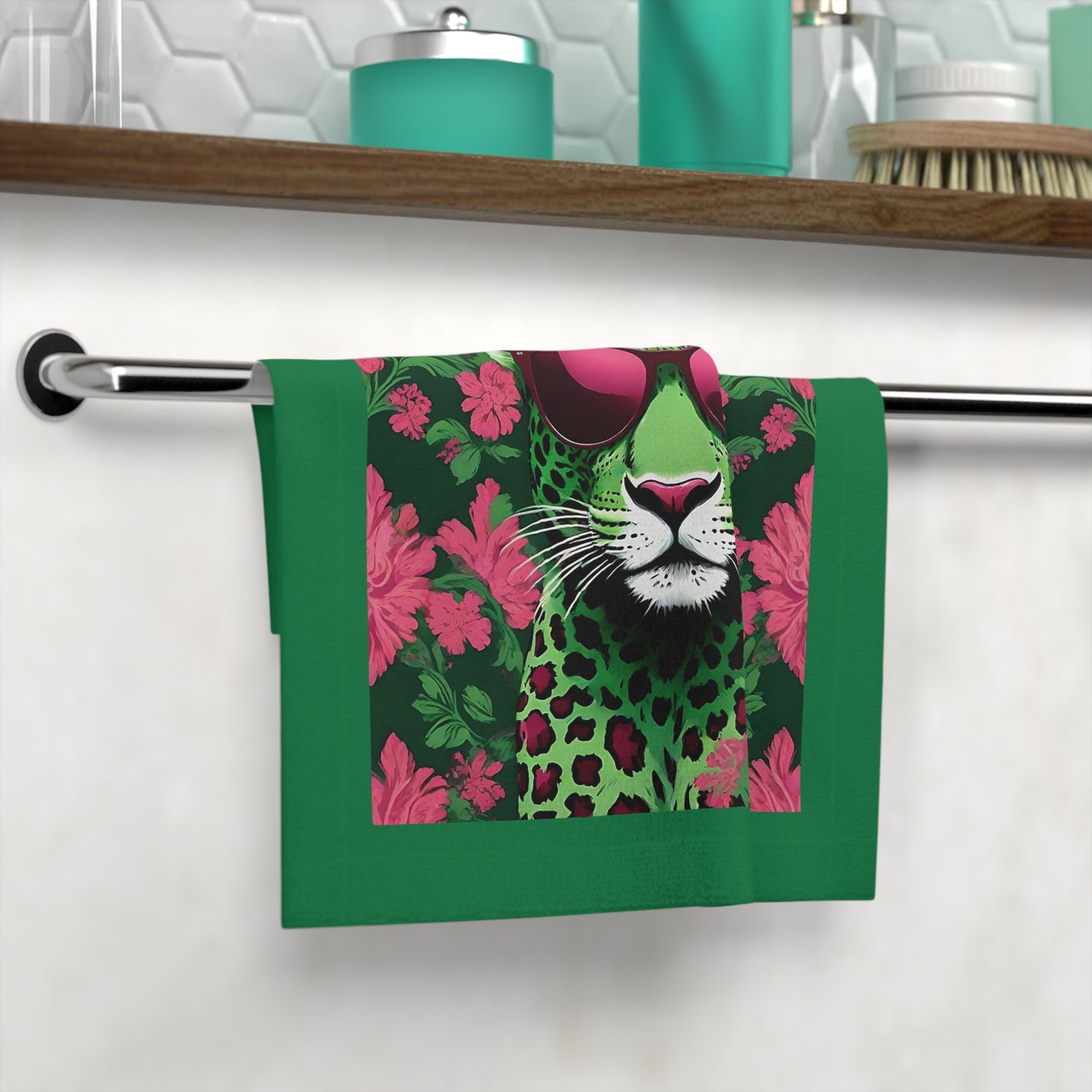 Face Towel - Elegant Vintage Gold Pattern for Home & Spa - Lime Green & Burgundy Leopard In Sunglasses Design - Perfect for Kids