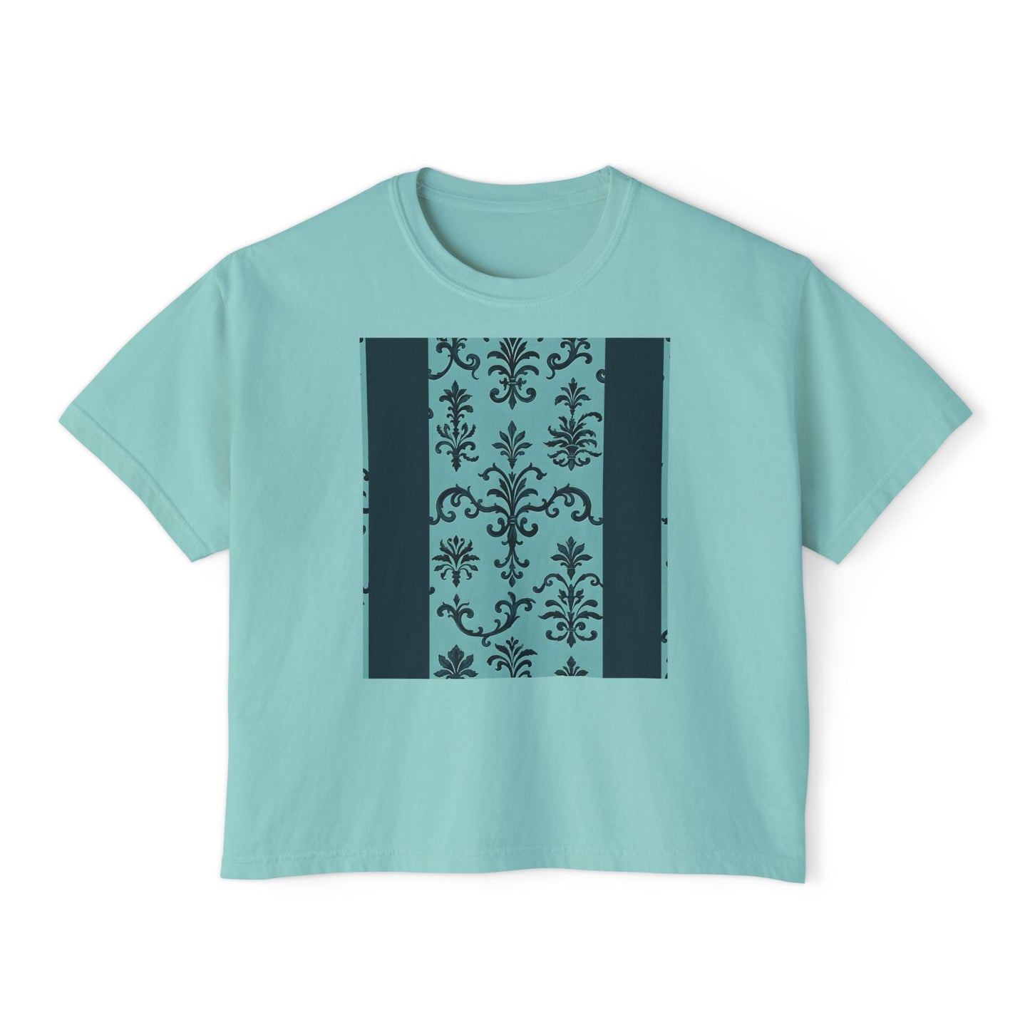Women's Boxy Tee with Vintage Floral Design, Casual Top, Everyday Wear, Gifts for Her, Summer Fashion, Vintage Style T-Shirt - Teal Striped Rococo