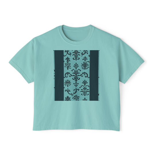 Women's Boxy Tee with Vintage Floral Design, Casual Top, Everyday Wear, Gifts for Her, Summer Fashion, Vintage Style T-Shirt - Teal Striped Rococo