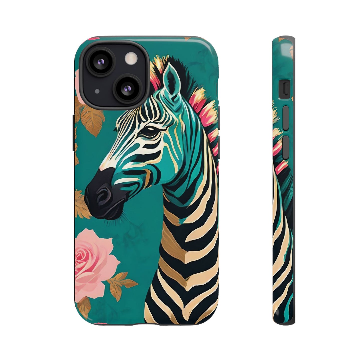 Phone Case - Elegant Teal & Gold Zebra & Roses Design