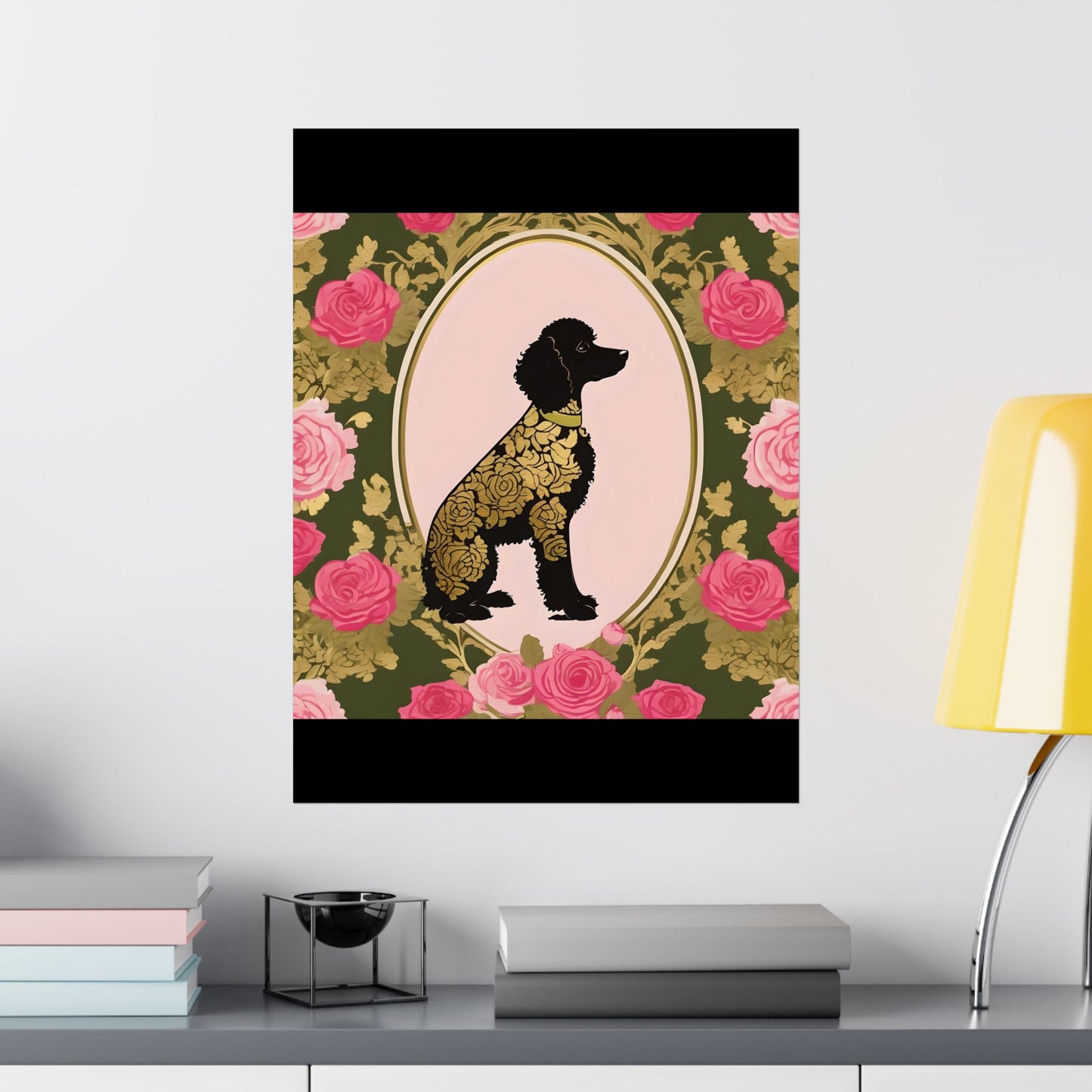 Vertical Poster - Elegant Matte Floral Art Wall Decor - Damask Black & Gold Poodle in Olive & Pink Roses