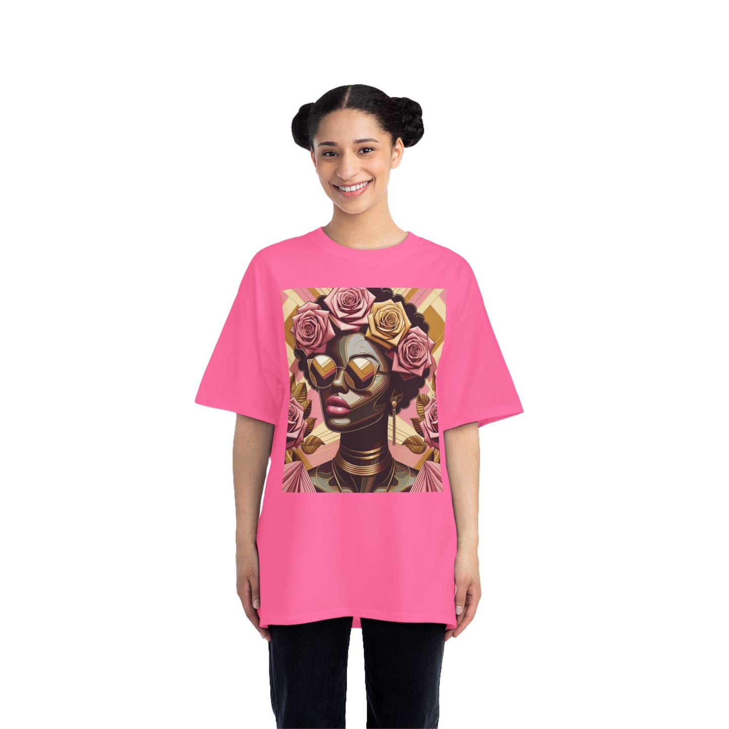 Artistic Floral Feminine T-Shirt, Stylish Tee with Mixed Media Design, Vibrant Short-Sleeve Top, Trendy Casual Wear - Pink Roses Lady