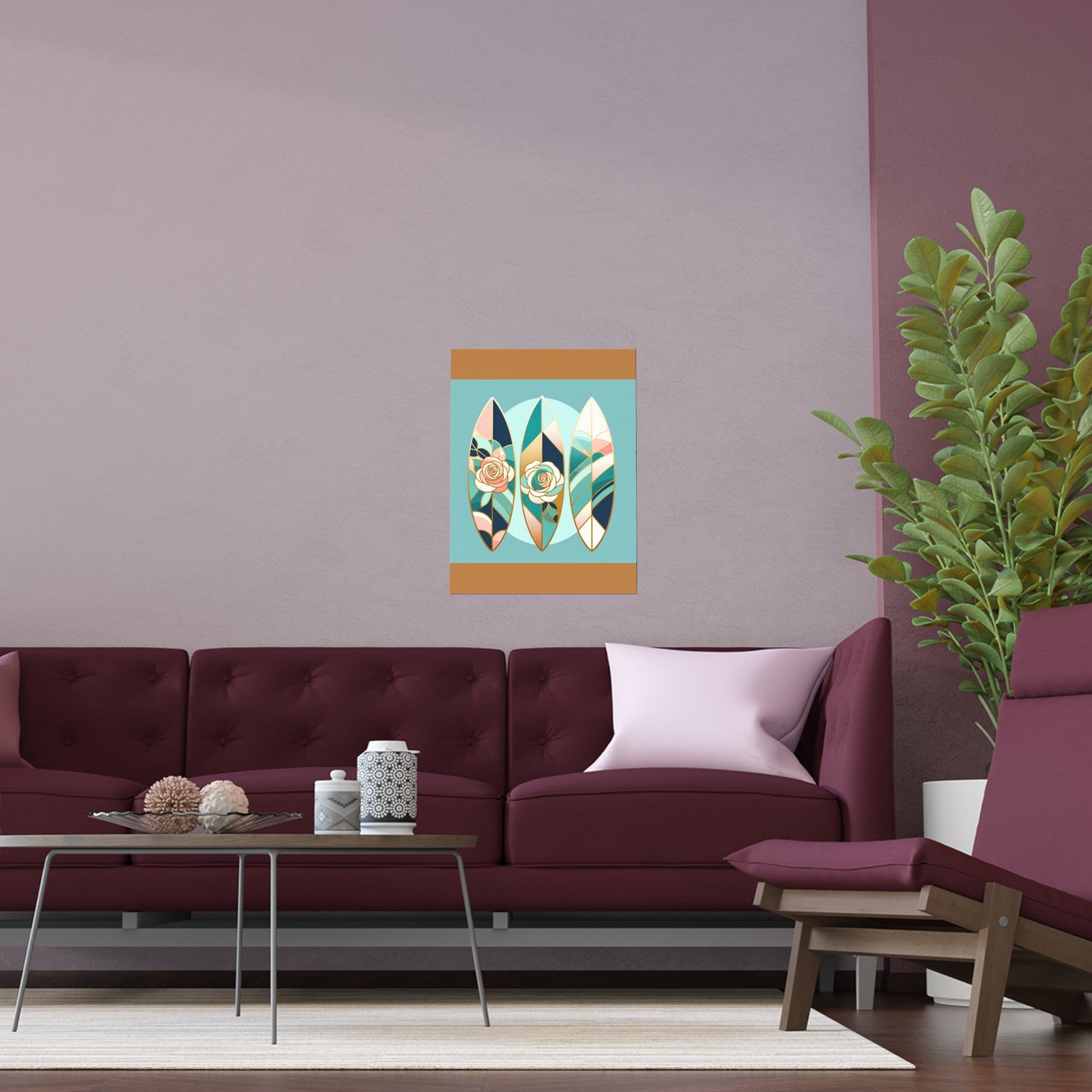 Elegant Floral Silk Poster - Indoor/Outdoor Wall Art for Home Decor - Blue, Pink & Aqua Surfboard & Roses
