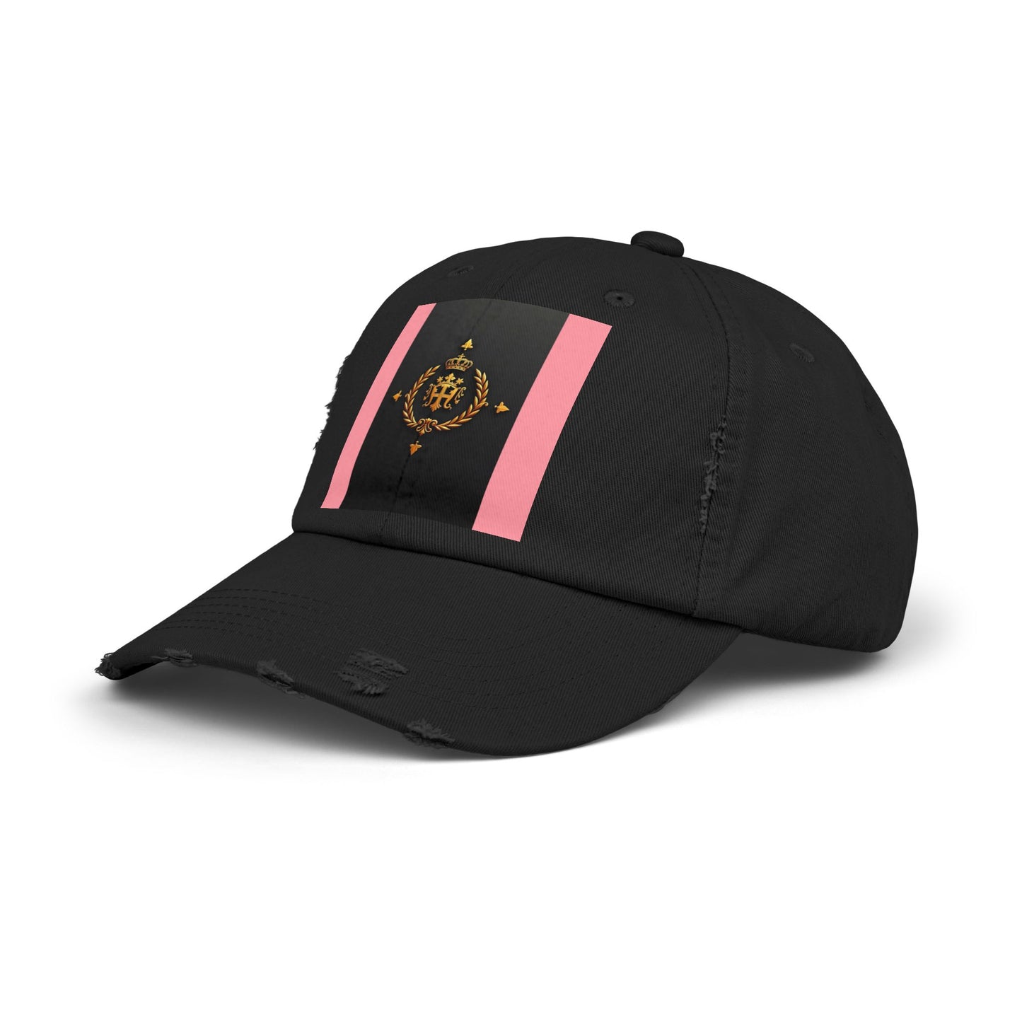 Stylish Unisex Distressed Cap with Trendy Design, Casual Accessories for Everyday Wear, Fashion Statement Cap - Pink Striped Gold Crest