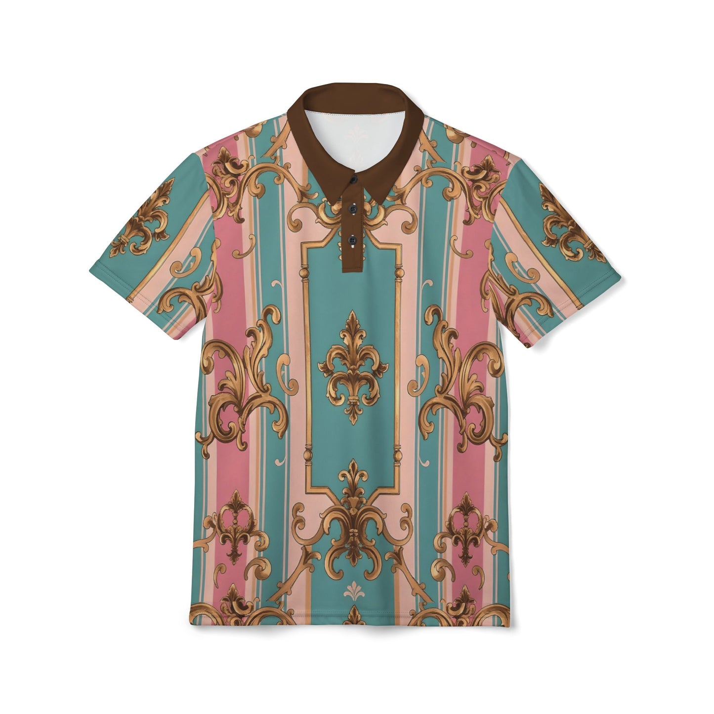 Stylish Unisex Polo Shirt, Trending Fashion Top, Casual Wear, Summer Shirt, Statement Piece, Unique Gift - Pink & Matte Turquoise Striped Rococo