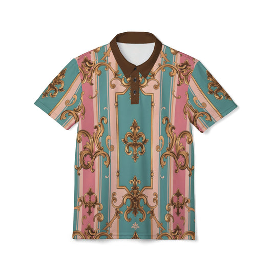 Stylish Unisex Polo Shirt, Trending Fashion Top, Casual Wear, Summer Shirt, Statement Piece, Unique Gift - Pink & Matte Turquoise Striped Rococo
