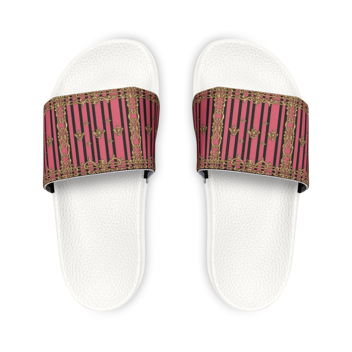Chic Women's Removable-Strap Sandals - Stylish Summer Footwear, Casual Pool Slides, Vacation Ready - Pink Striped Gold Rococo