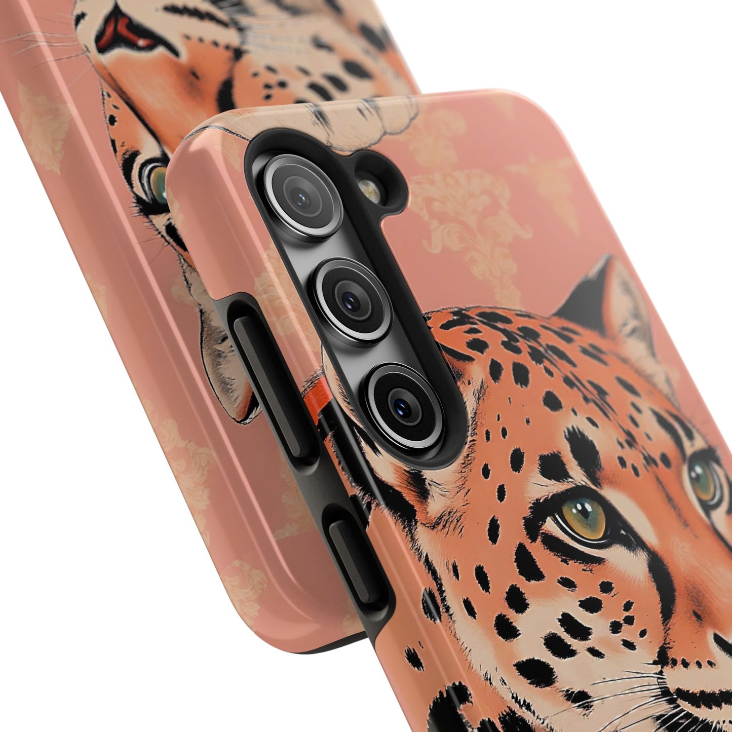 Leopard Tough Phone Case - Trendy Floral Motif Design for Animal Lovers - Peach Leopard & Damask