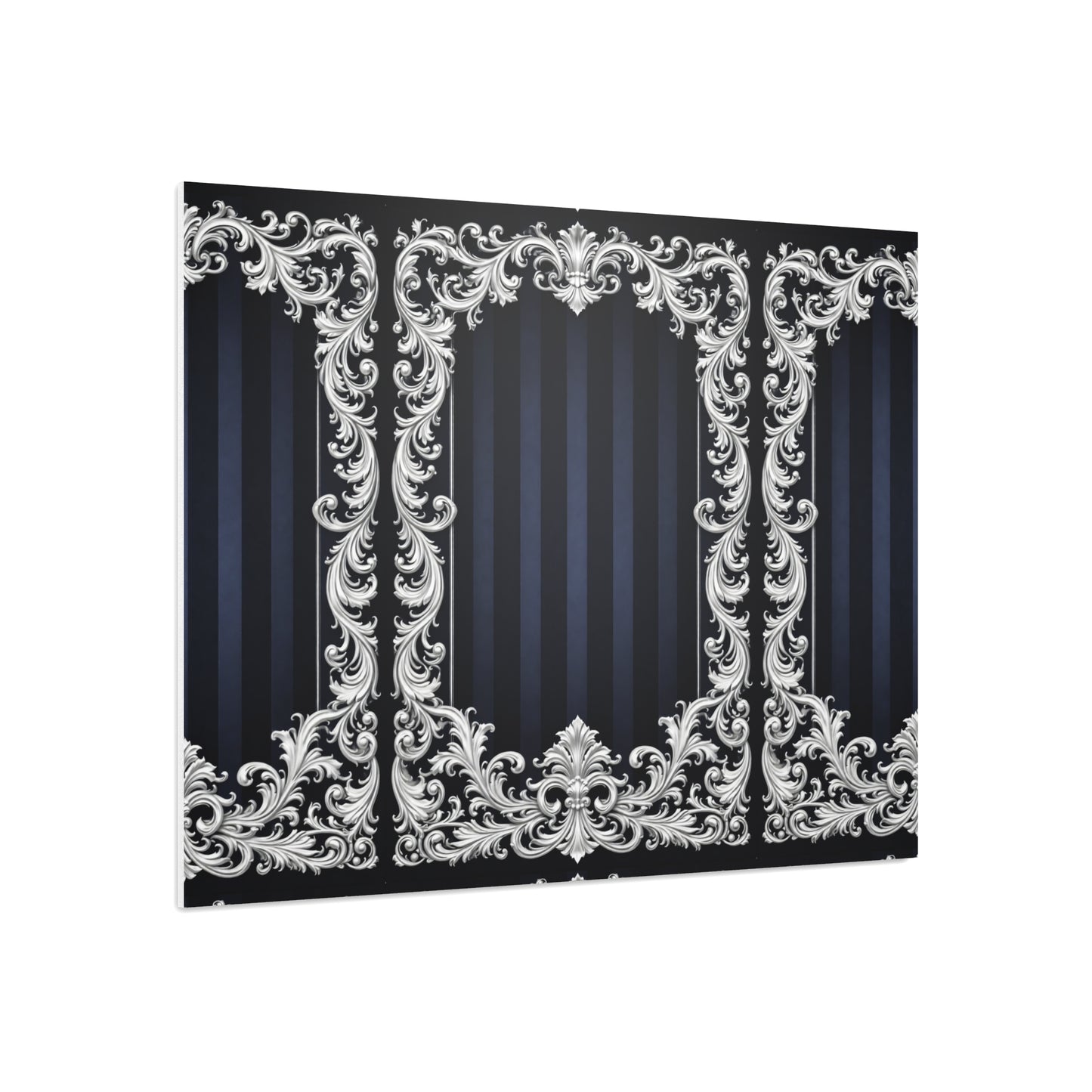 Navy Stripes & Baroque Foam Board Backdrop — Ornate Silver Scroll Panel