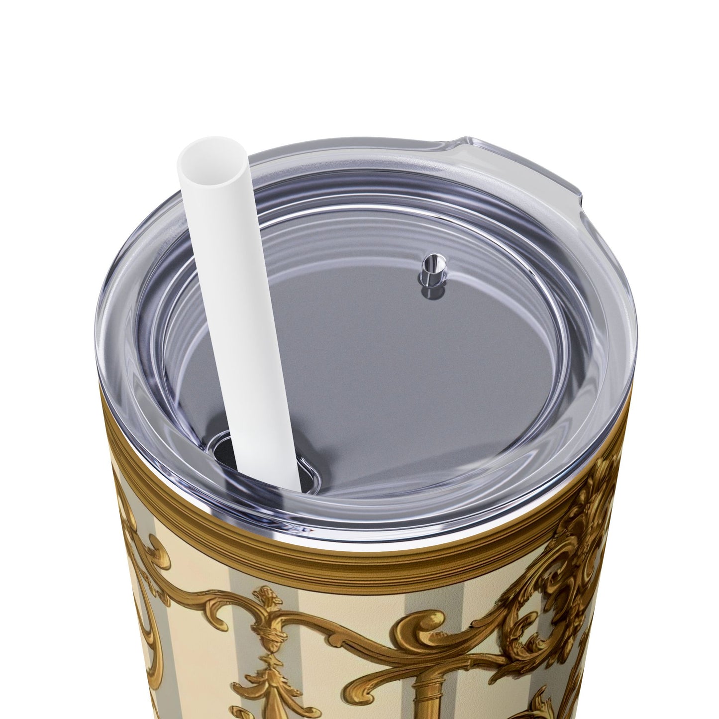 Elegant Vintage Skinny Tumbler with Straw, 20oz - Golden Baroque Design for Weddings, Parties - Matte Gray & Cream Striped Gold Baroque