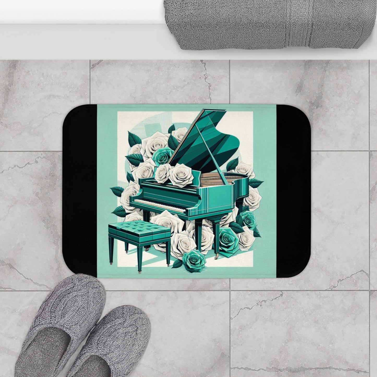 Elegant Aqua Piano & Roses Bath Mat - Music Lover Decor
