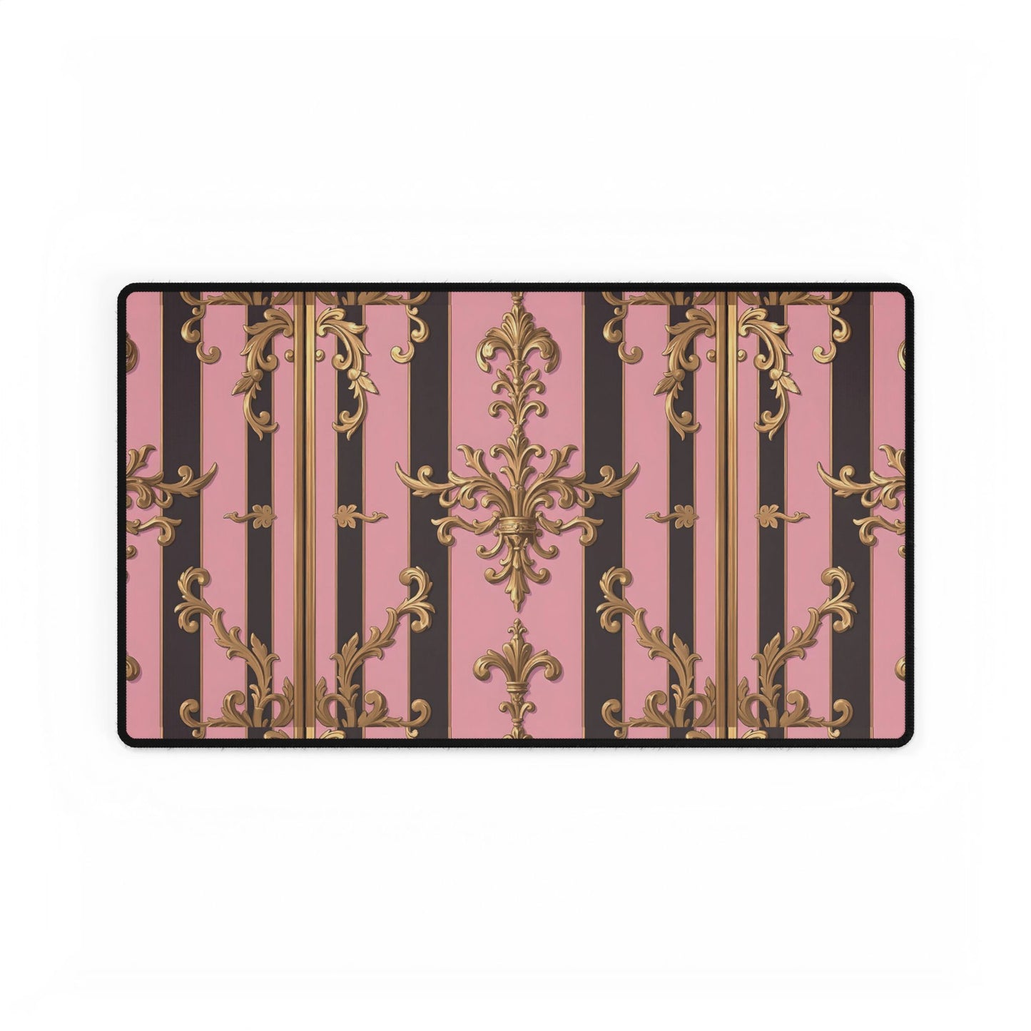 Elegant Floral Motif Desk Mat for Home Office Decor - Pink & Brown Striped Gold Damask