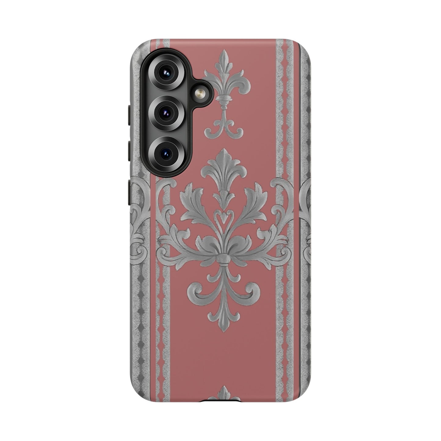 Elegant Floral Phone Case - Tough Cases for Stylish Protection - Gray & Mauve Striped Baroque