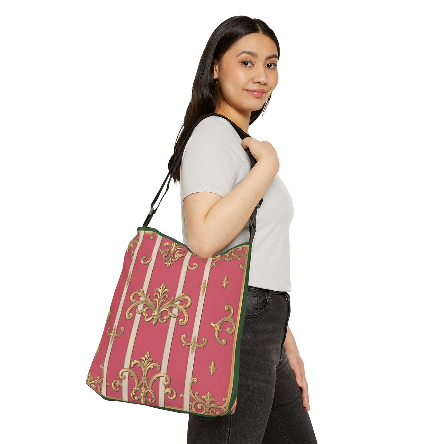 Chic Green Border Pink Striped Baroque Adjustable Tote Bag - Stylish Everyday Carryall, Floral Print, Fashion Statement, Gift for Her