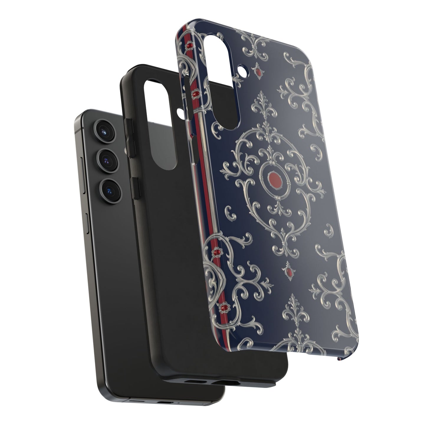 Elegant Patterned Tough Phone Cases for Stylish Protection, Gift for Her, Unique Accessories - Blue & Red Striped Silver Baroque
