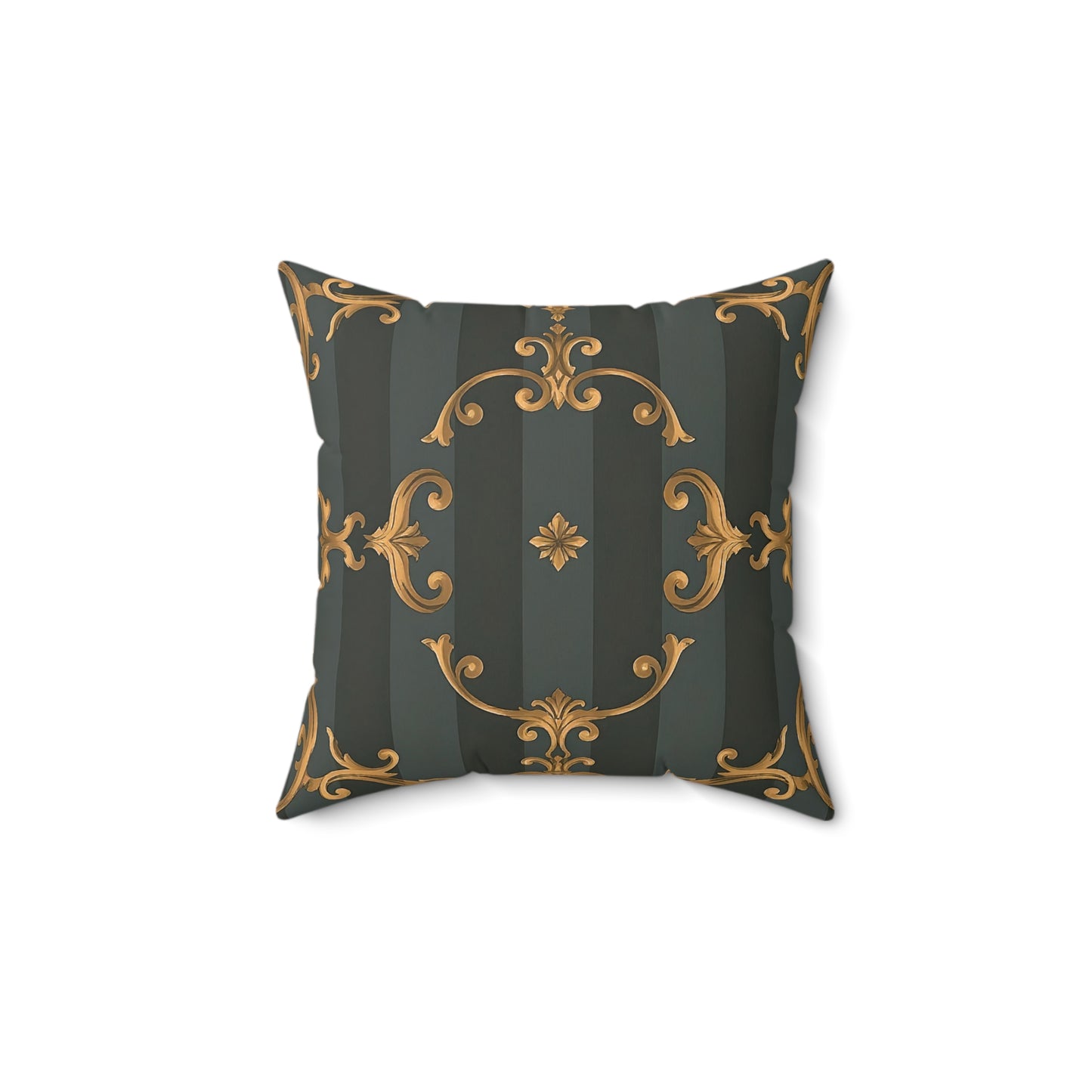 Elegant Faux Suede Square Pillow with Gold Accents - Gray Striped Baroque