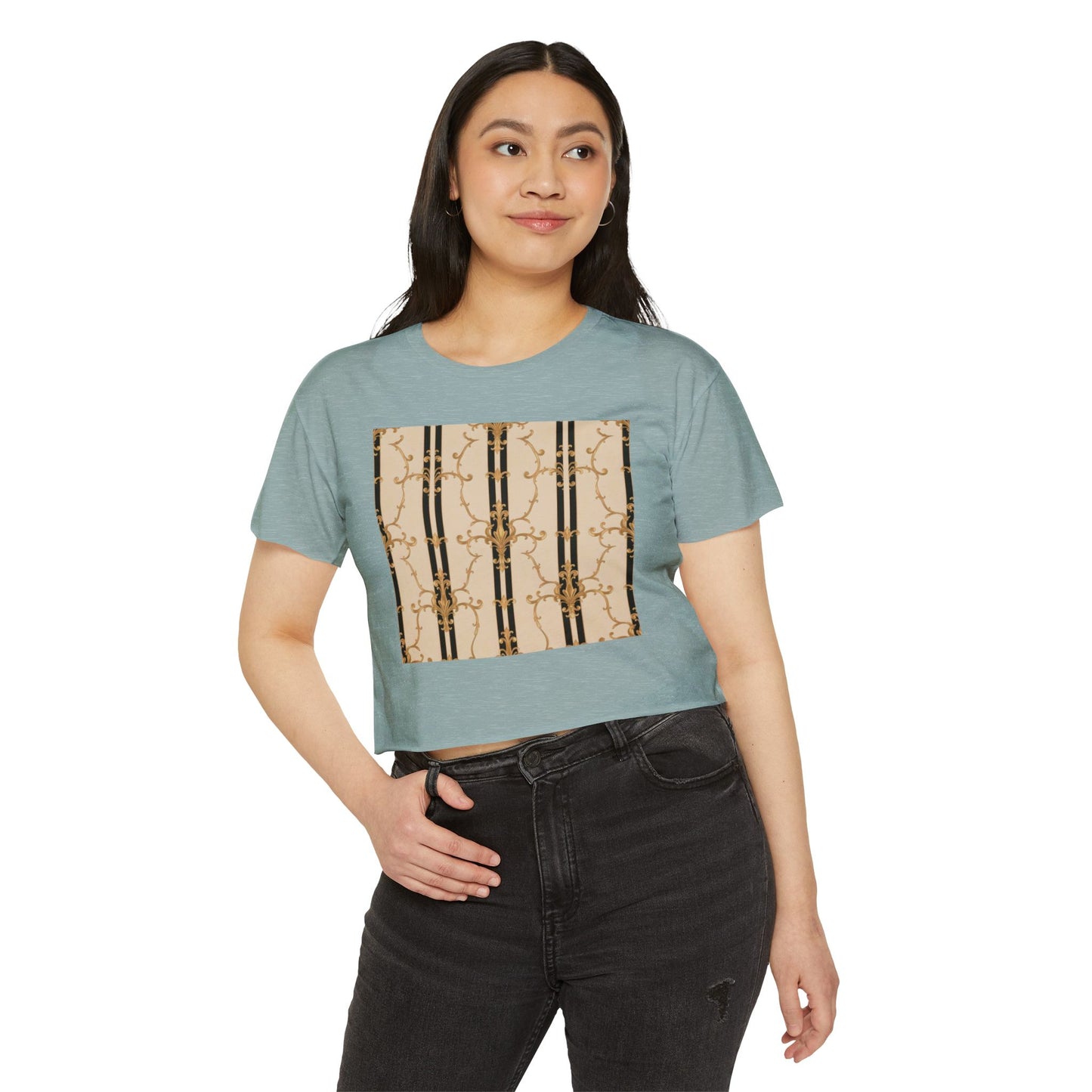 Festival Crop Top, Stylish Summer Tee, Trendy Women's Shirt, Festival Wear, Perfect for Music Events - Black & Beige Striped Damask