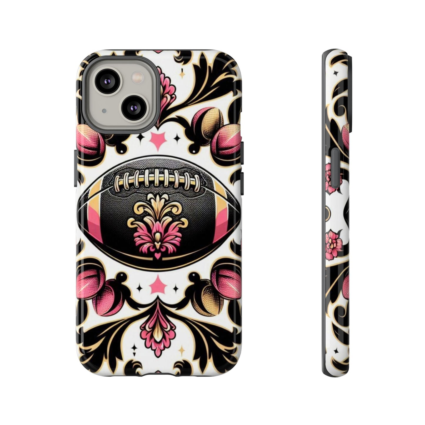 Elegant Floral Motif Phone Case - Tough Cases with Vintage Design - Damask White, Pink Gold & Black Football