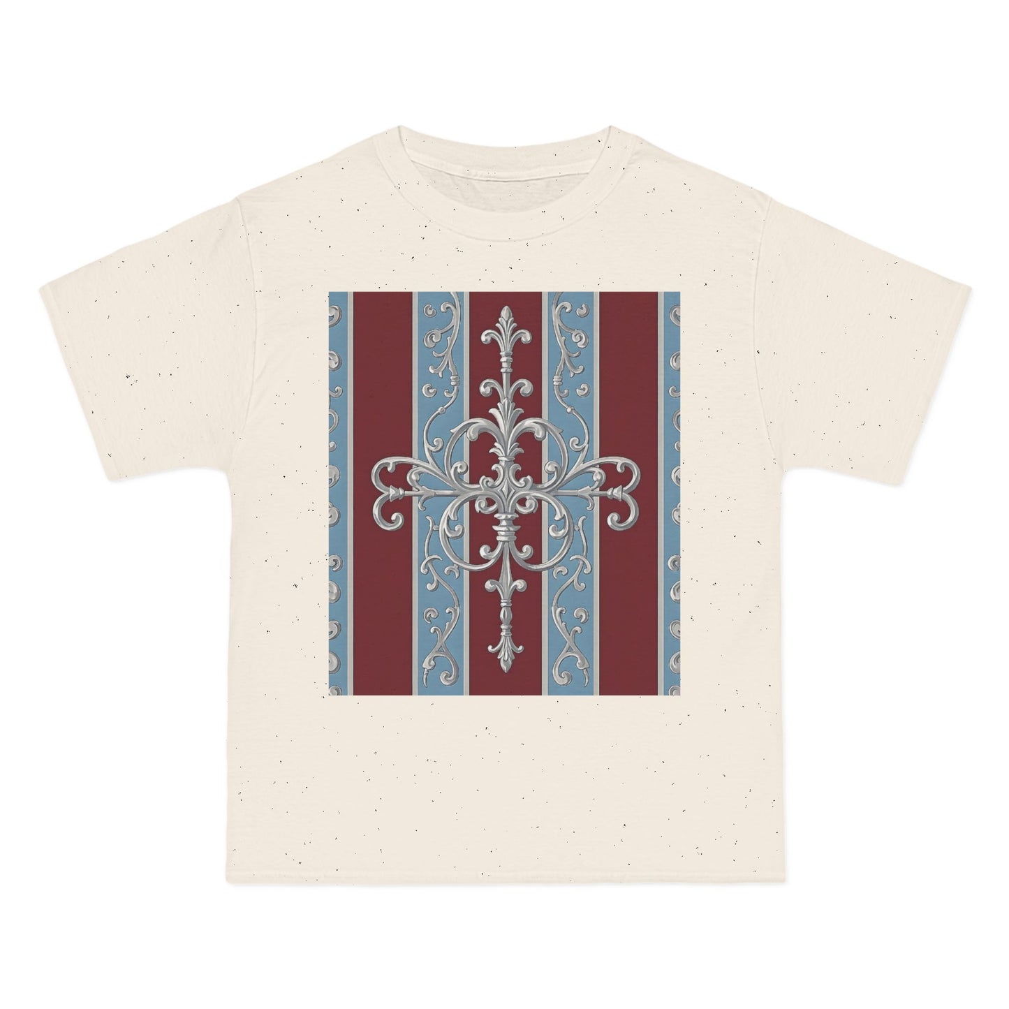 Elegant Vintage-Inspired Short-Sleeve T-Shirt, Classic Graphic Tee, Retro Style Shirt, Unisex, Casual Wear - Ice Blue & Burgundy Striped Baroque