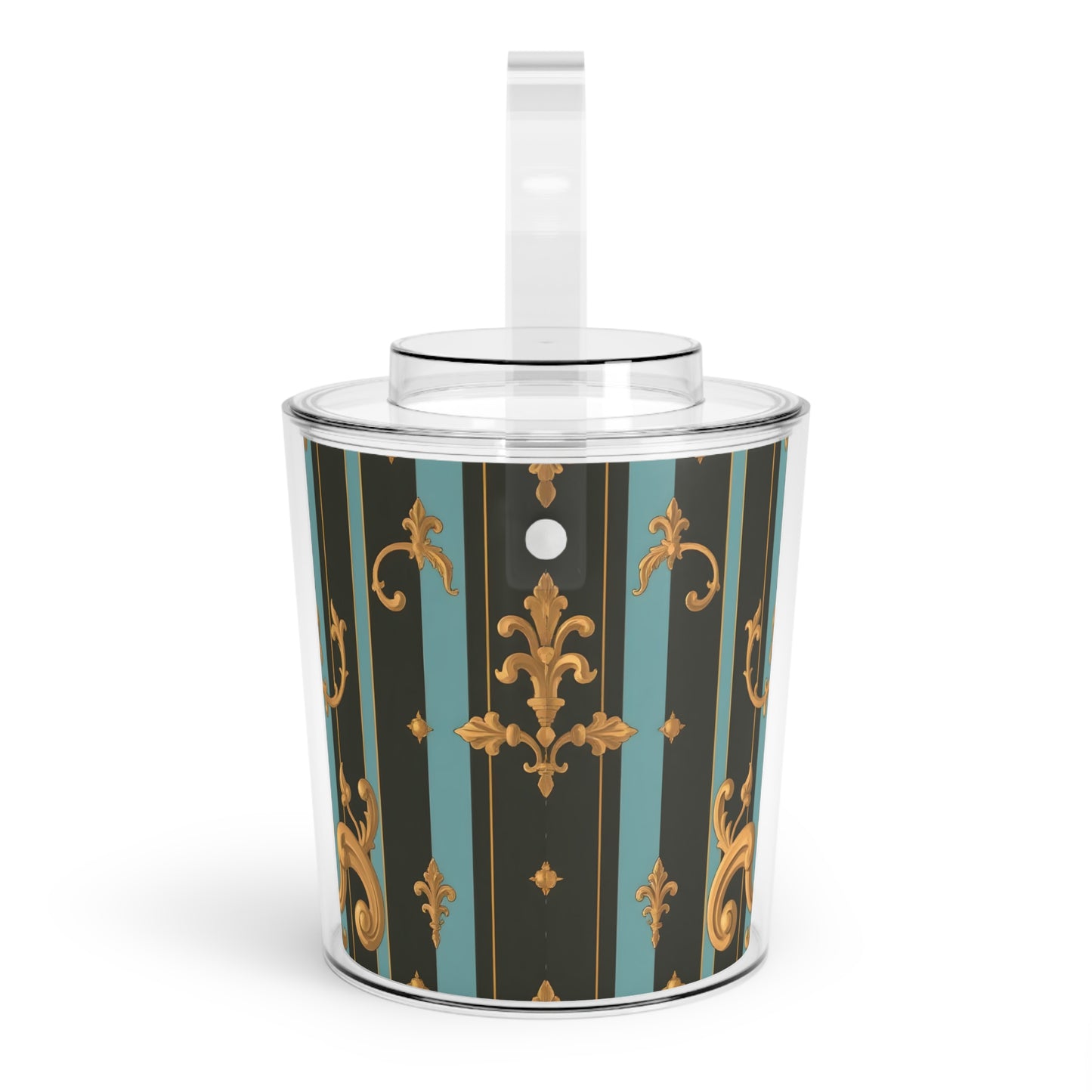 Chic Ice Bucket with Tongs - Elegant Gift for Parties, Home Bar, Weddings, Entertaining, Decorative Cooler - Black & Turquoise Striped Baroque