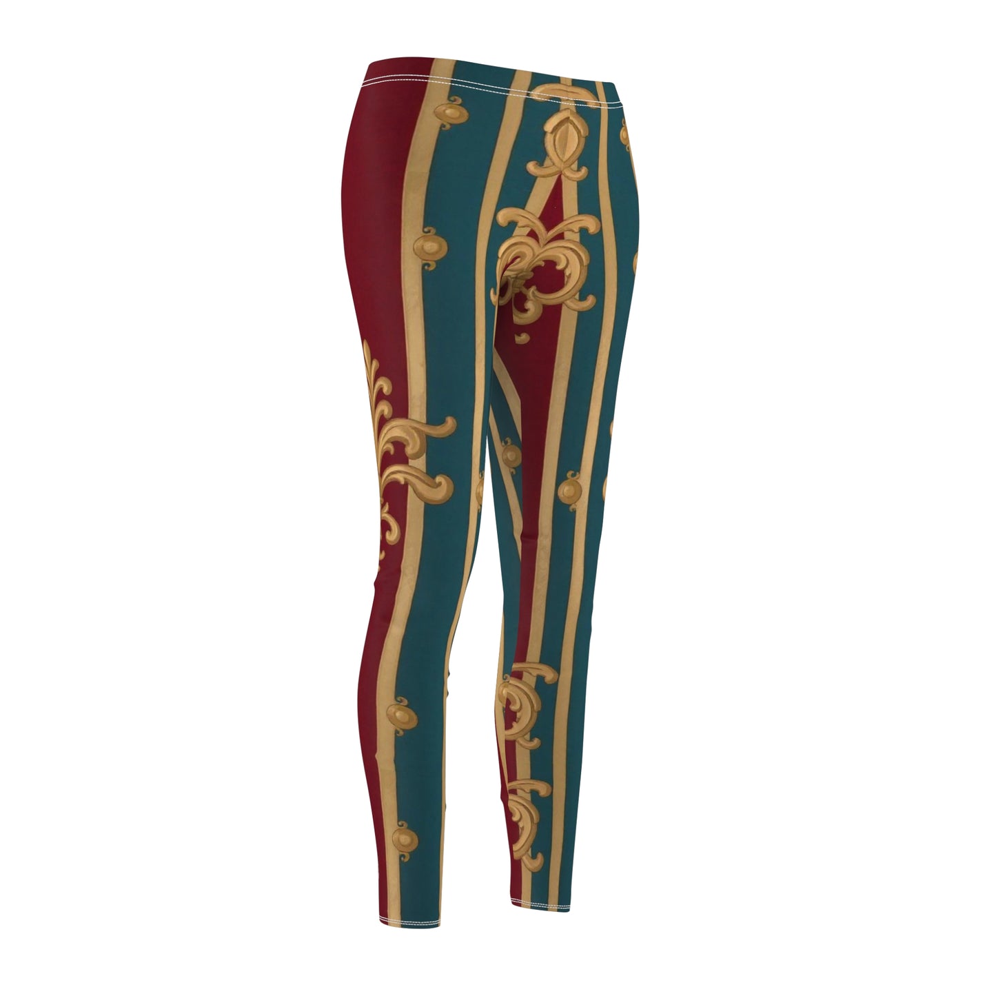 Elegant Women's Leggings with Rich Patterns, Stylish Activewear, Vintage Inspired Leggings - Burgundy Striped Gold Baroque
