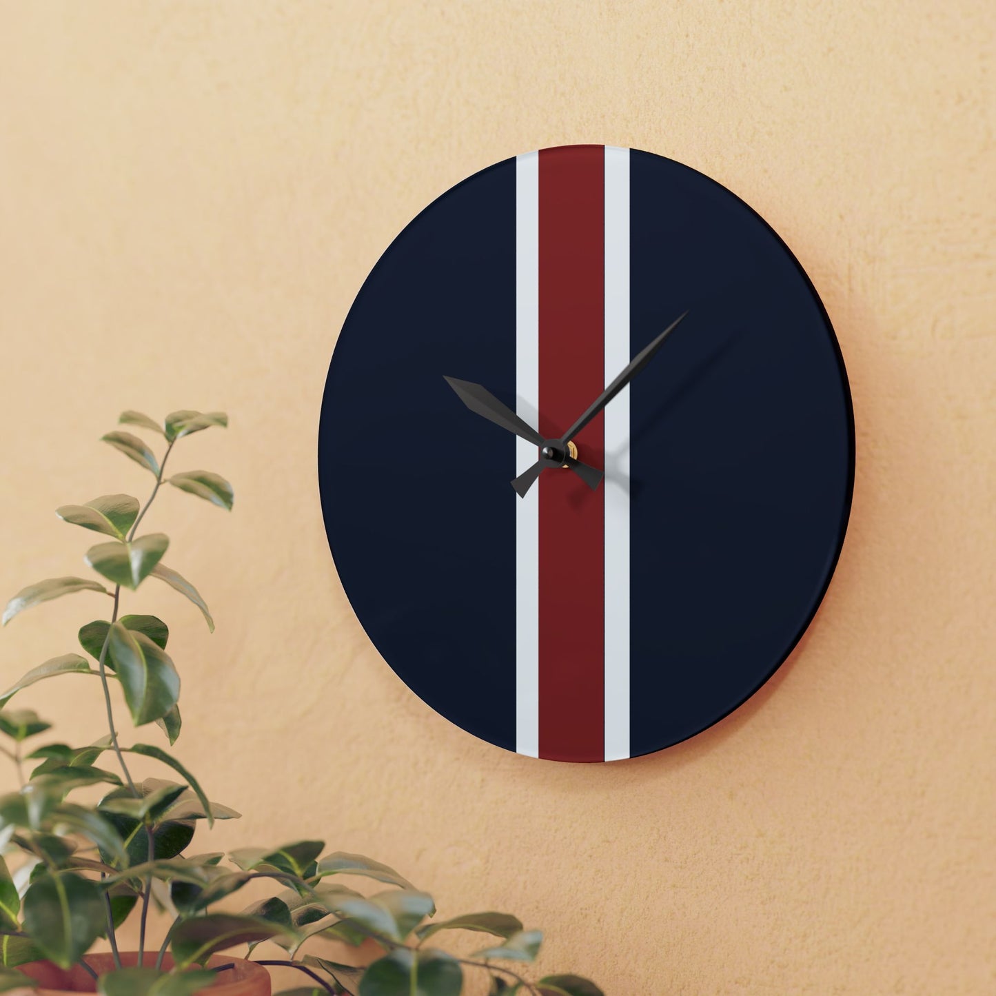 Lunar Midnight & Red-White Striped Acrylic Wall Clock, Modern Home Decor, Minimalist Office Timepiece, Gift for Him, Stylish Wall Art