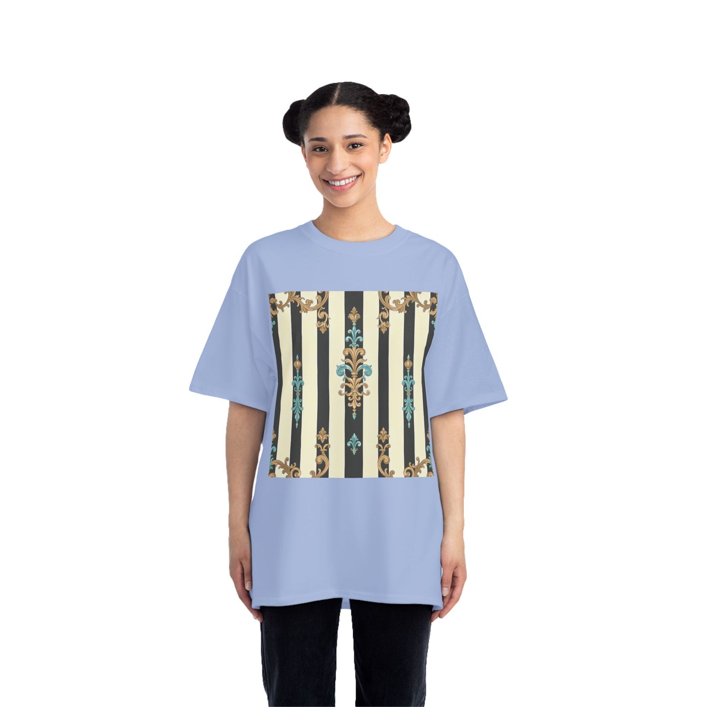 Elegant Floral Pattern Tee, Vintage Style T-Shirt, Gift for Her, Casual Outfit - Black Striped Turquoise & Black Rococo