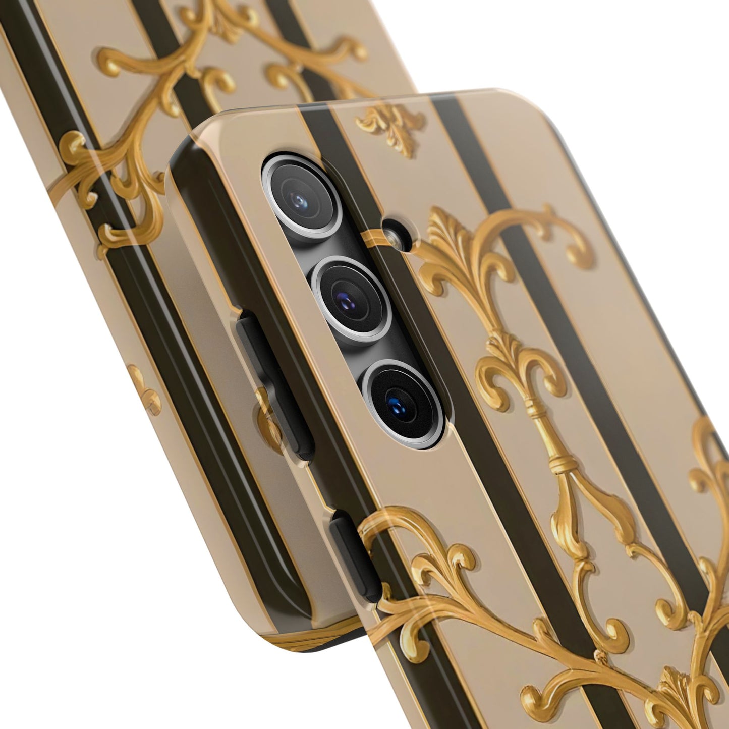 Elegant Vintage Tough Phone Case, Stylish Phone Cover, Boho Accessories, Perfect Gift for Her - Beige Striped Gold Rococo