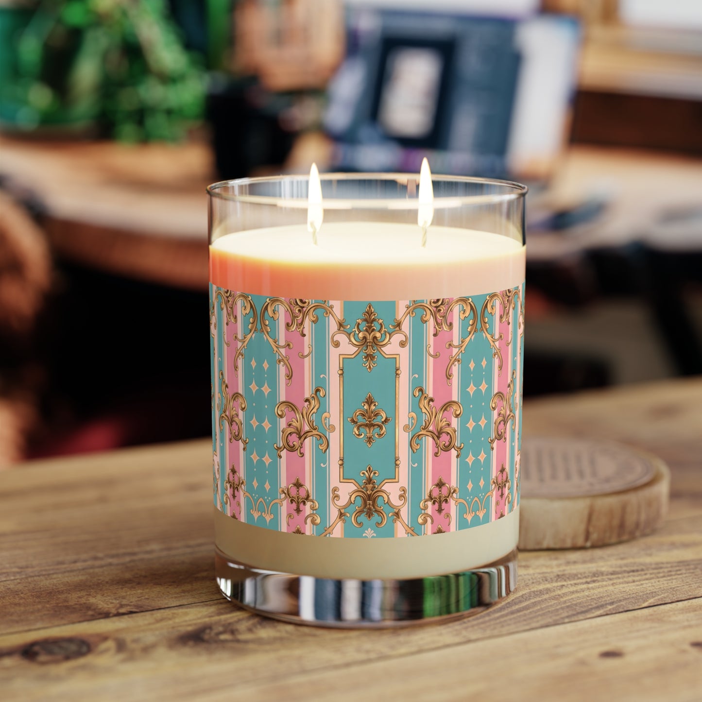 Elegant Scented Candle - Luxurious Home Decor, Aromatherapy Gift, Stylish Candle - Pink & Matte Turquoise Striped Rococo