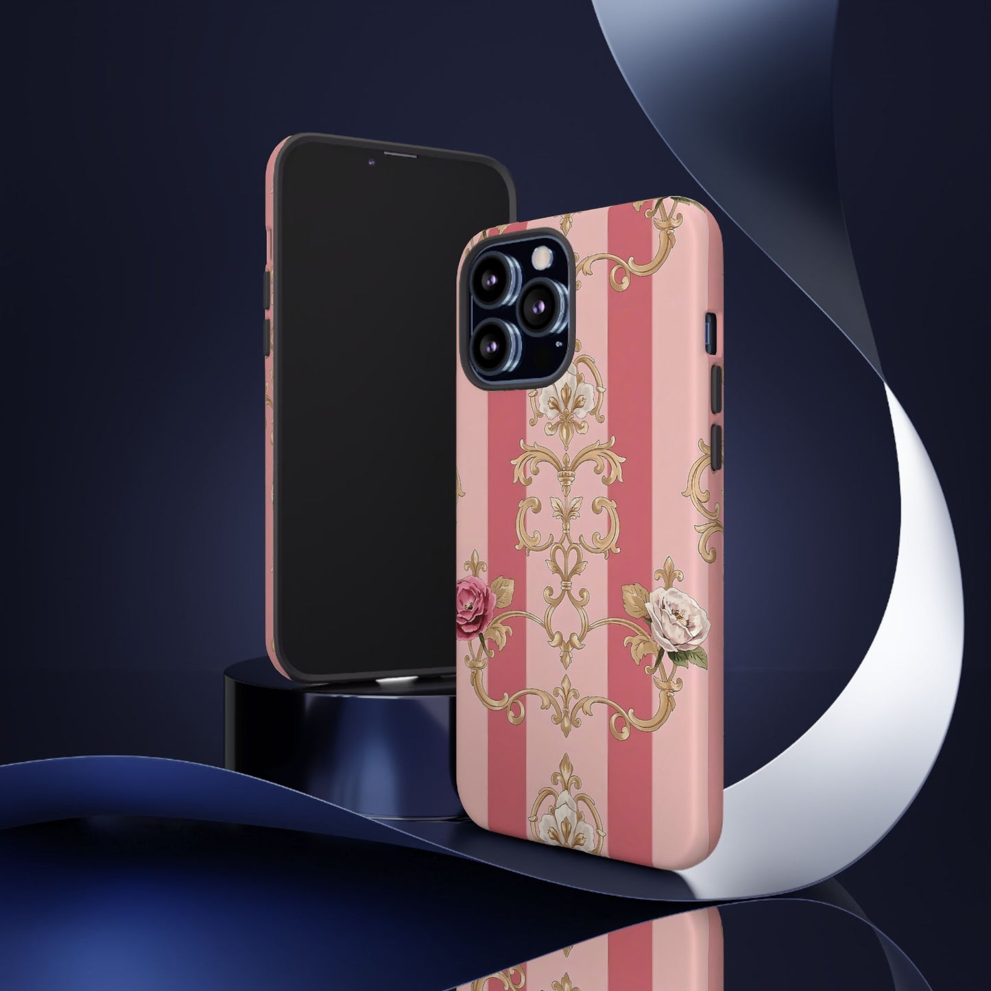 Elegant Floral Motif Phone Case - Tough Cases with Vintage Design - Pink Striped Roses & Damask