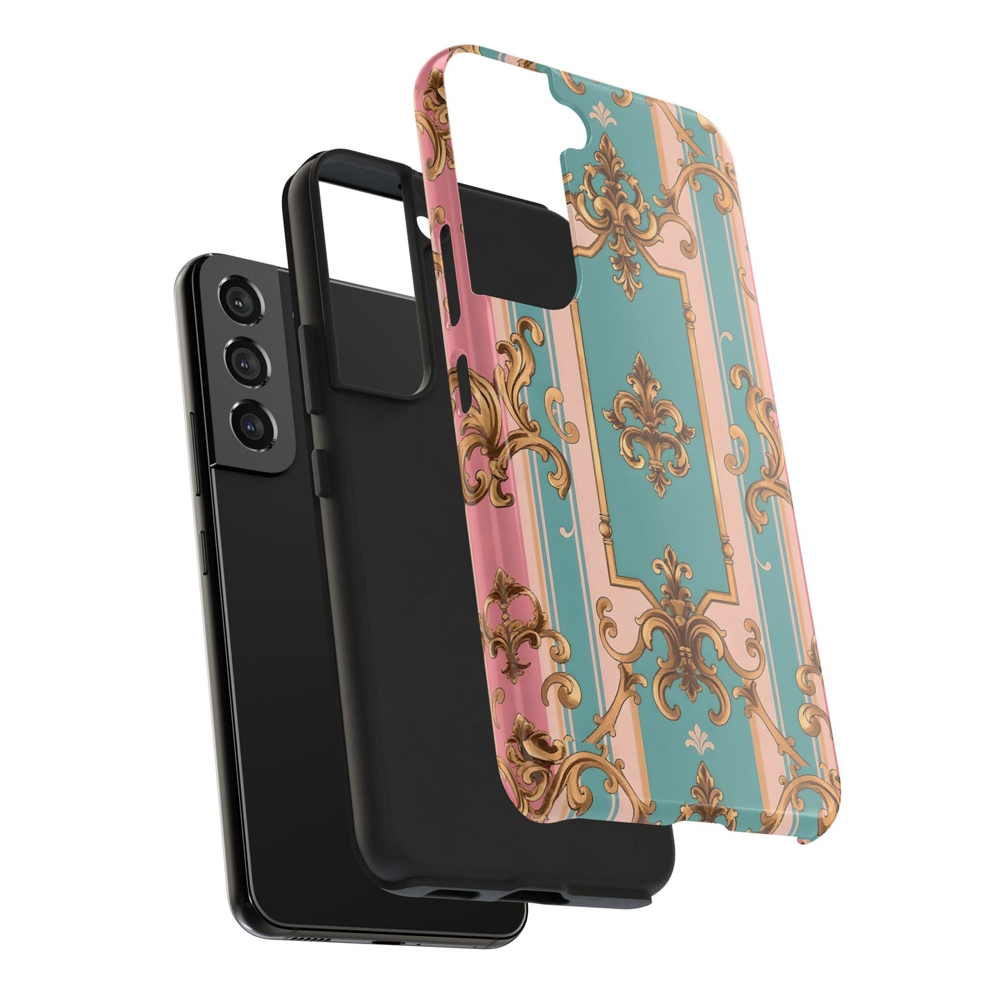 Elegant Floral Tough Phone Case, Artistic Phone Cover, Gift for Her, Chic Phone Accessory - Pink & Matte Turquoise Striped Rococo