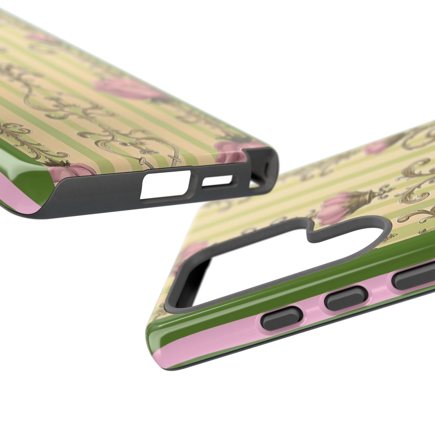 Elegant Floral Motif Phone Case - Tough Cases with Vintage Design - Lime Green & Pink Striped Damask
