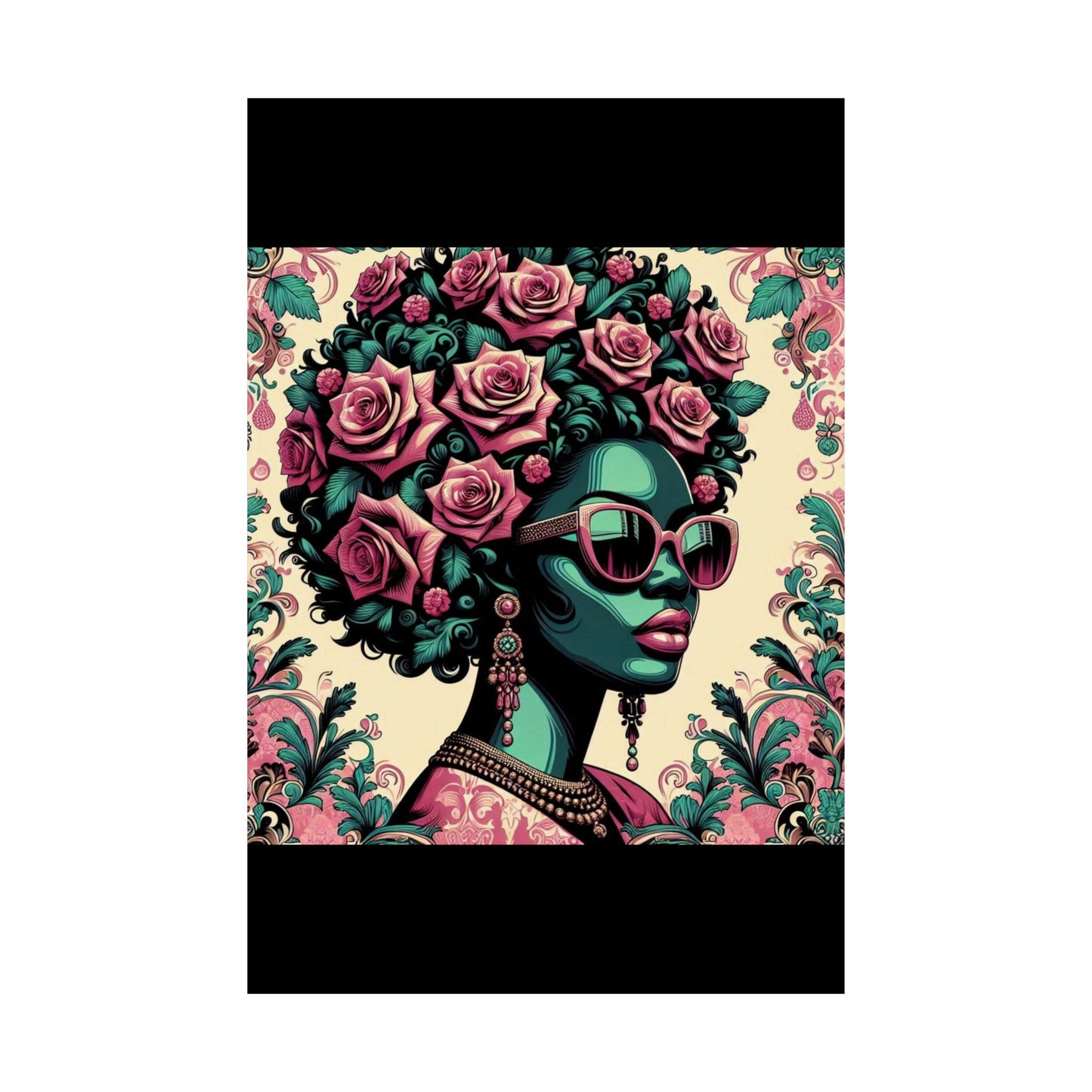 Floral Afro Art Poster - Elegant Matte Vertical Wall Decor - Teal Lady With Damask & Roses