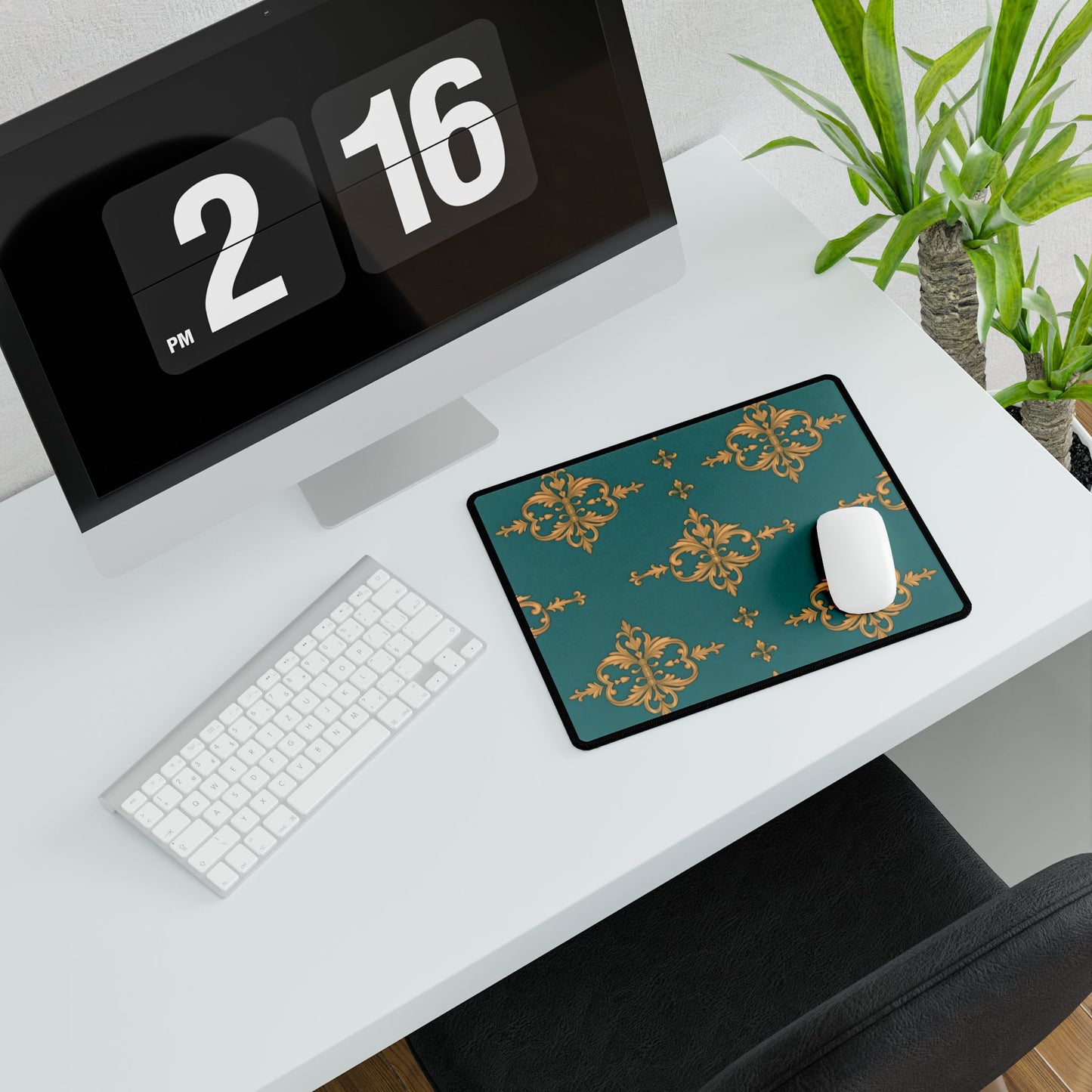 Elegant Floral Desk Mat for Home Office Decor - Teal & Gold Damask
