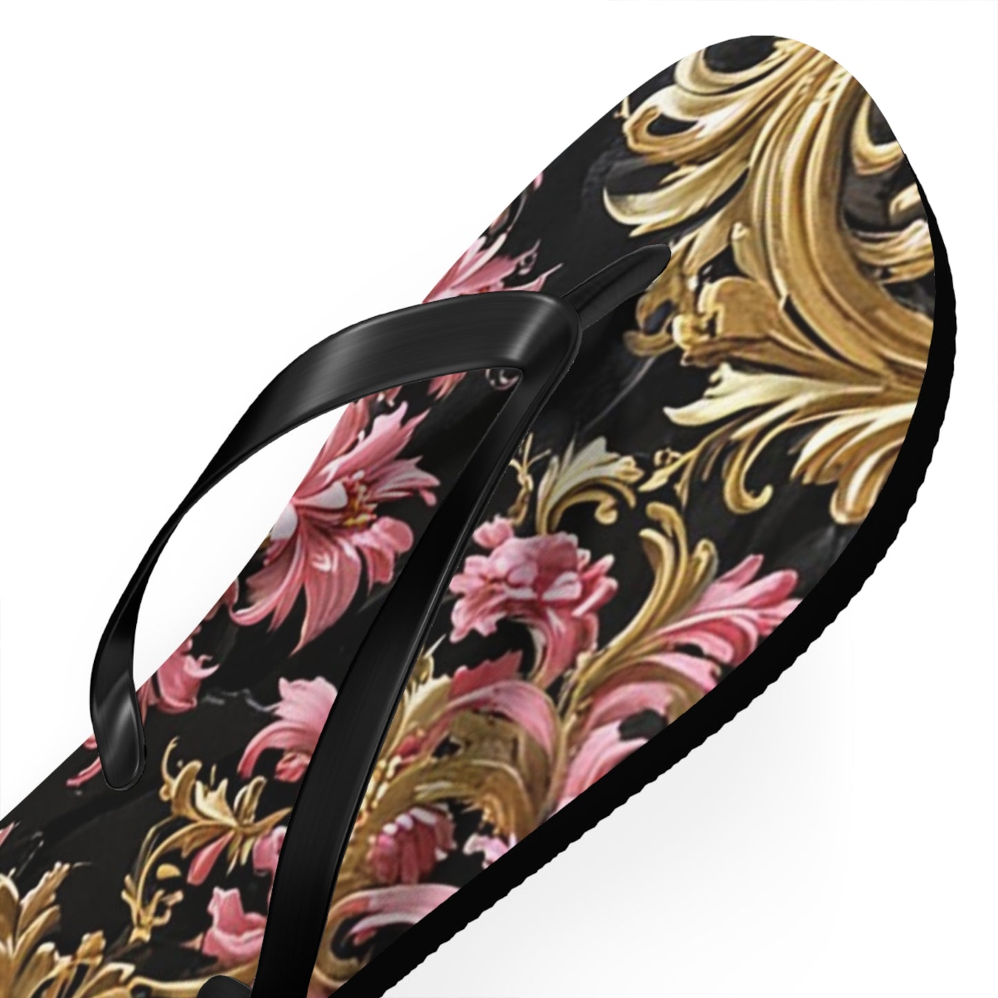 Elegant Floral Flip Flops - Summer Footwear, Beach Sandals, Vacation Accessories, Travel Essentials - Black & Pink Oil Painting Style Rococo