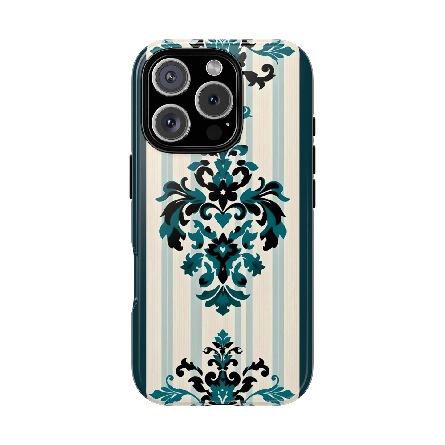 Elegant Floral Phone Case - Tough Cases with Vintage Design - Teal Striped Damask