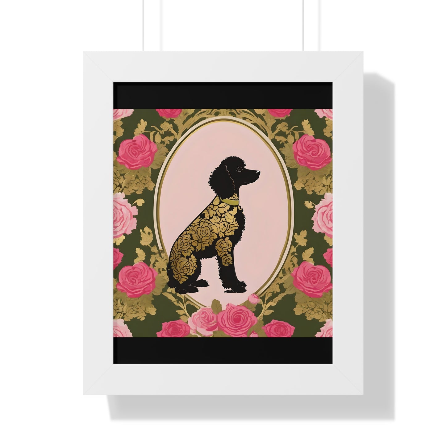 Vertical Poster - Stylish Framed - Art for Home Decor - Damask Black & Gold Poodle in Olive & Pink Roses