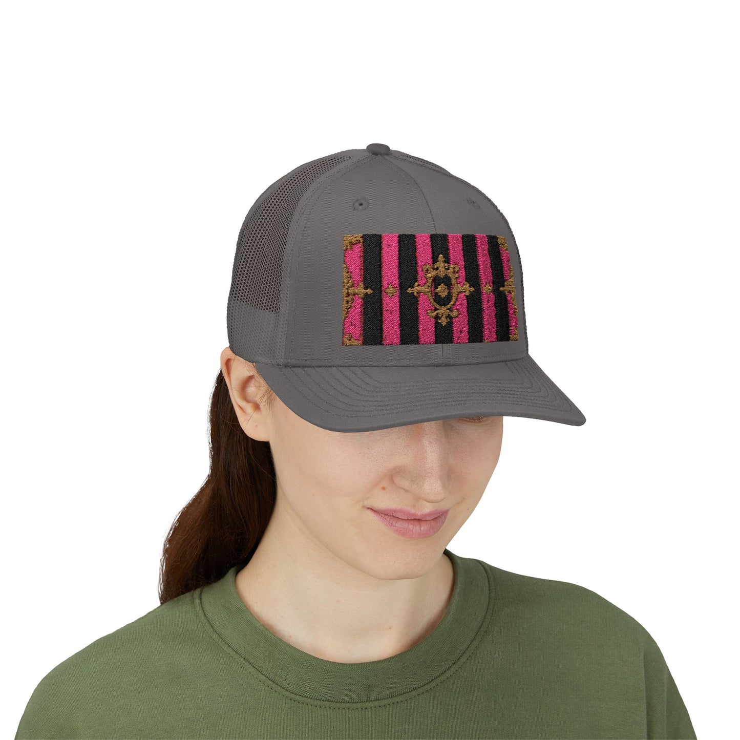 Stylish Snapback Trucker Cap with Black & Mauve Striped Gold Baroque, Trendy Fashion Hat, Perfect Gift for Him/Her