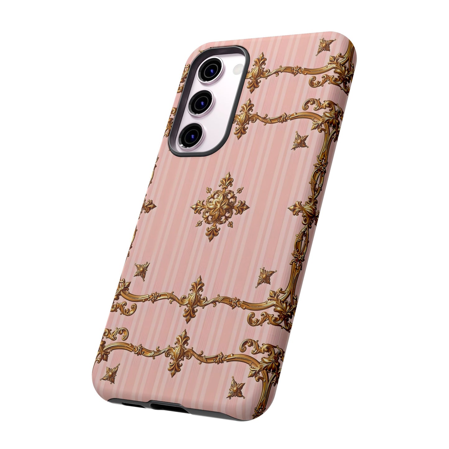 Elegant Floral Phone Case, Tough Cases for Women, Trendy Phone Cover, Chic Gift - Pink Striped Gold Baroque