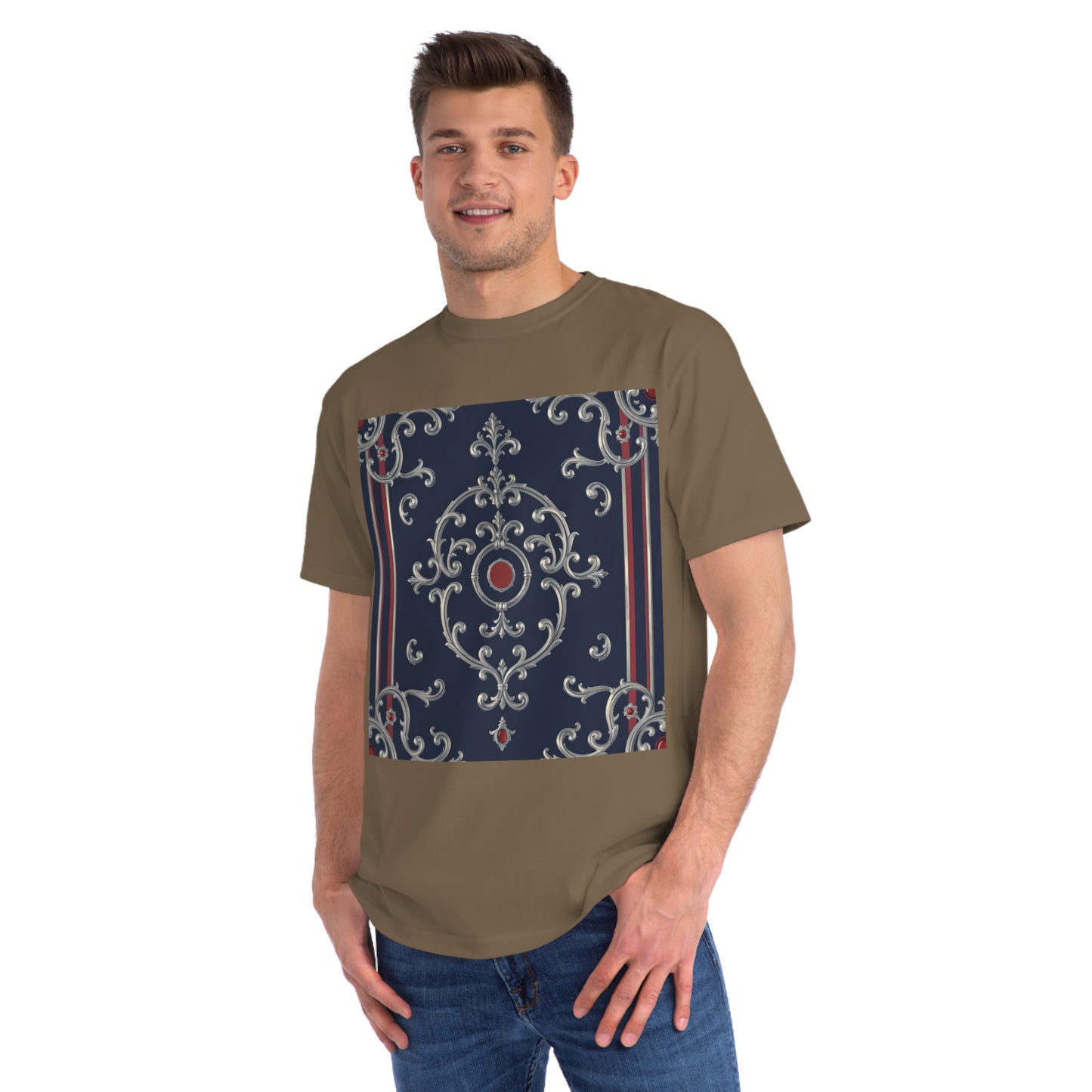 Vintage Pattern Organic Unisex T-Shirt | Baroque Style Tee, Casual Wear, Unique Gift, Eco-Friendly Fashion - Blue & Red Striped Silver Baroque