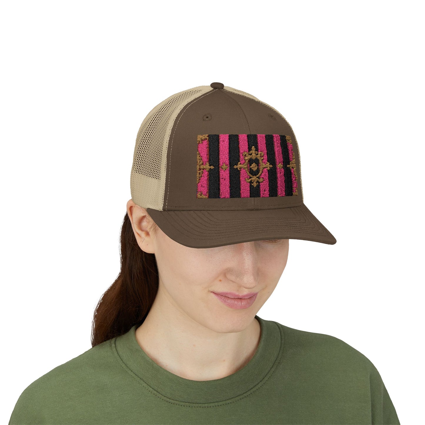 Stylish Snapback Trucker Cap with Black & Mauve Striped Gold Baroque, Trendy Fashion Hat, Perfect Gift for Him/Her