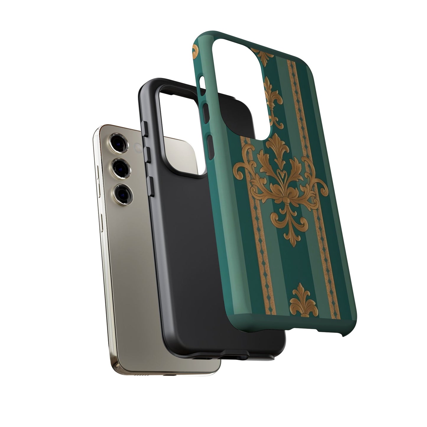 Elegant Floral Motif Phone Case - Tough Cases with Vintage Design - Teal Striped Gold Damask