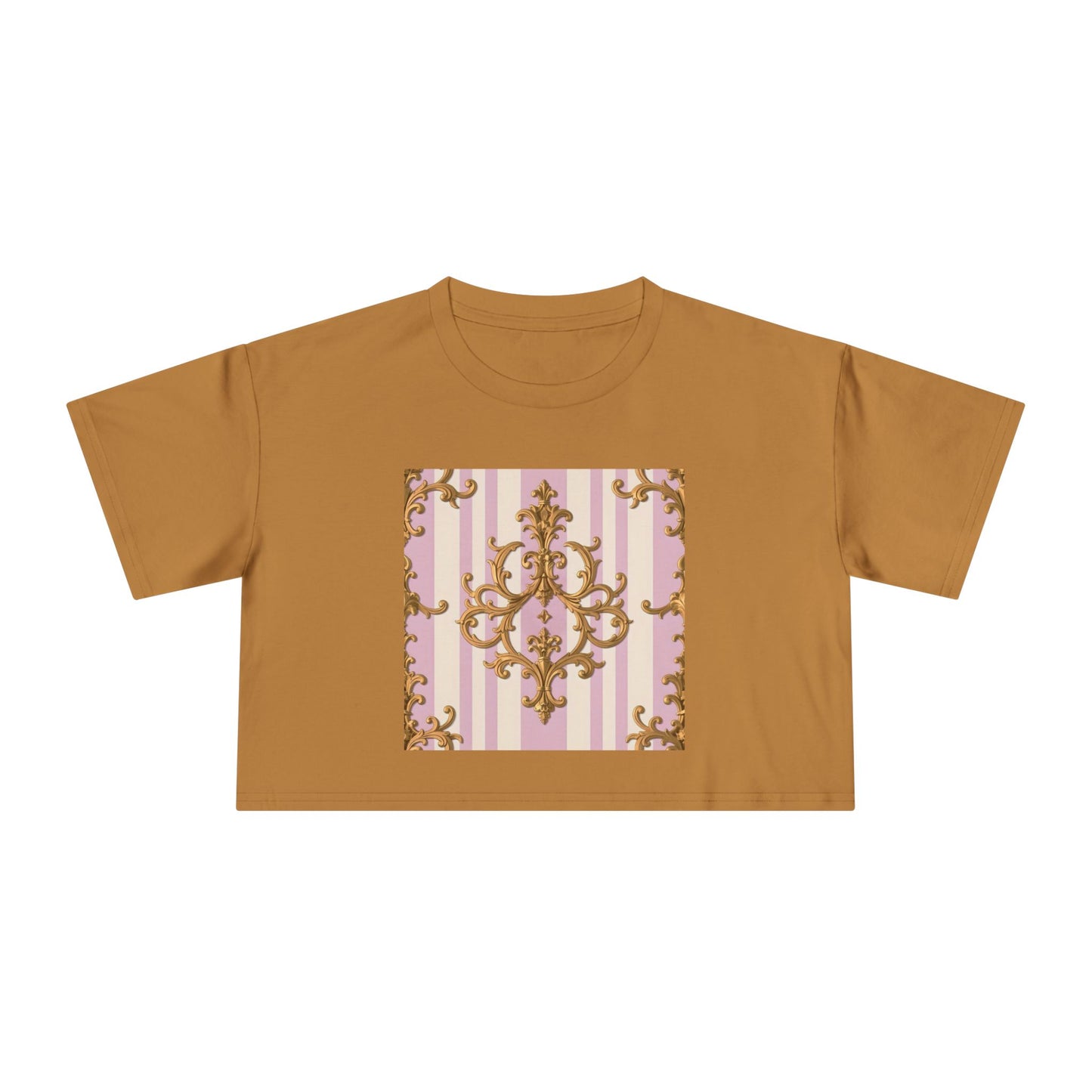 Chic Women's Crop Tee with Elegant Pink and Gold Design, Fashion Tee, Summer Style, Gift for Her - Lilac & Alabaster Striped Gold Baroque