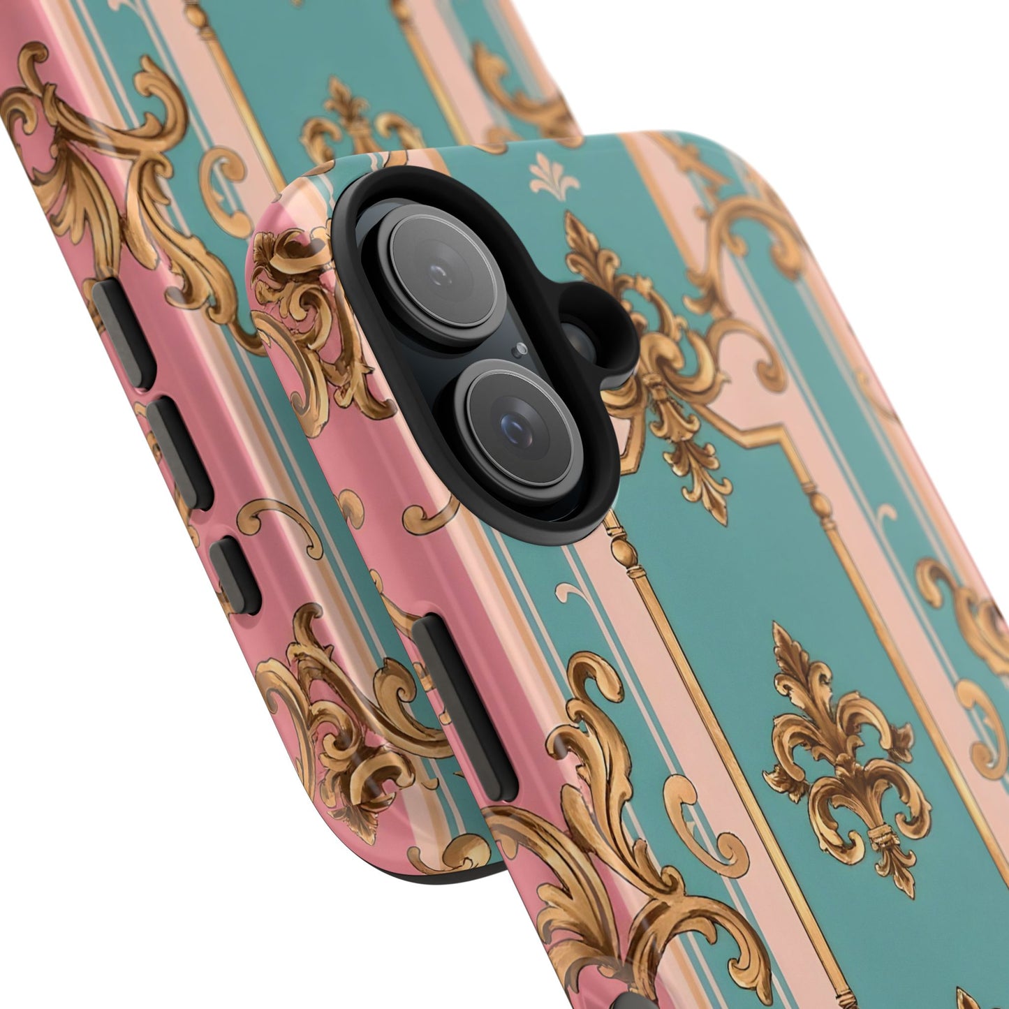 Elegant Floral Tough Phone Case, Artistic Phone Cover, Gift for Her, Chic Phone Accessory - Pink & Matte Turquoise Striped Rococo